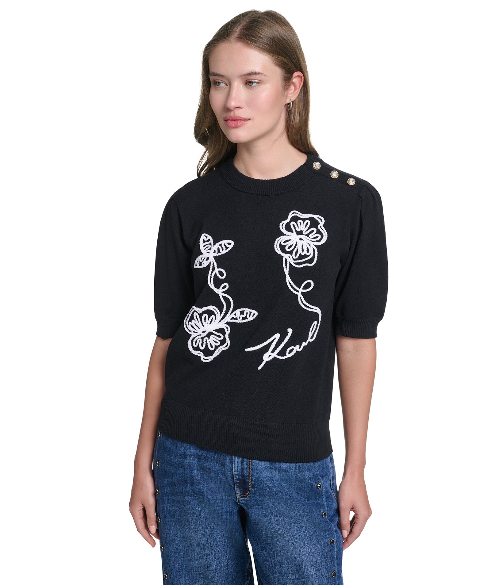 FLORAL SHORT SLEEVE SWEATER VIEW 1 FLORAL SHORT SLEEVE SWEATER VIEW 1