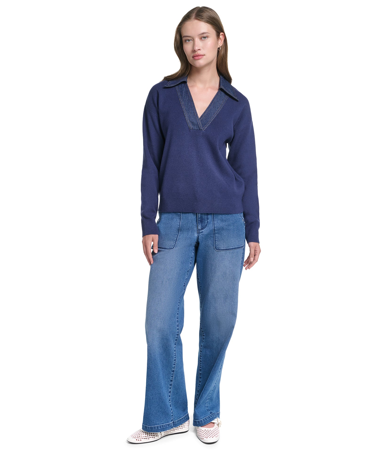 VNECK SWEATER WITH DENIM TRIM VIEW 4 VNECK SWEATER WITH DENIM TRIM VIEW 4