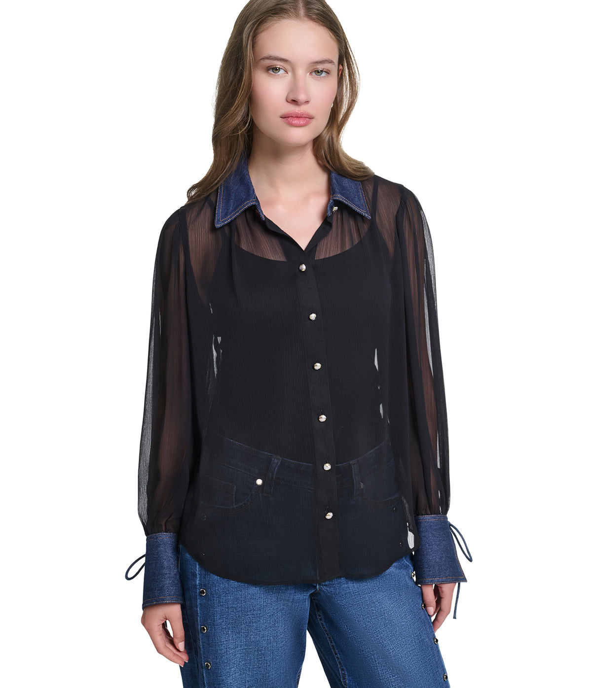 LONG SLEEVE SHEER DENIM COLLAR SOFT BLOUSE VIEW 1 LONG SLEEVE SHEER DENIM COLLAR SOFT BLOUSE VIEW 1