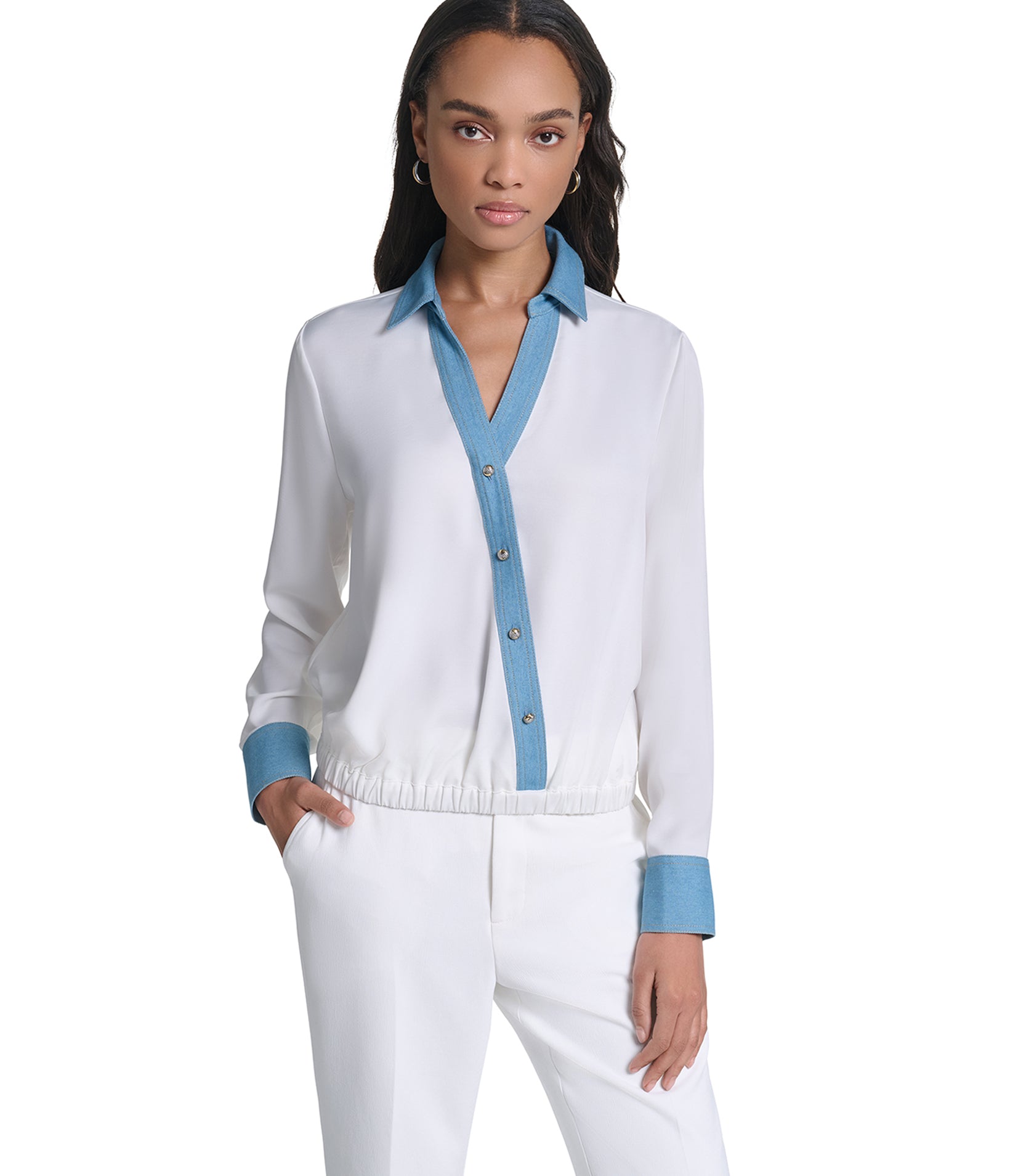 LONG SLEEVE DENIM TRIM SOFT BLOUSE VIEW 2 LONG SLEEVE DENIM TRIM SOFT BLOUSE VIEW 2
