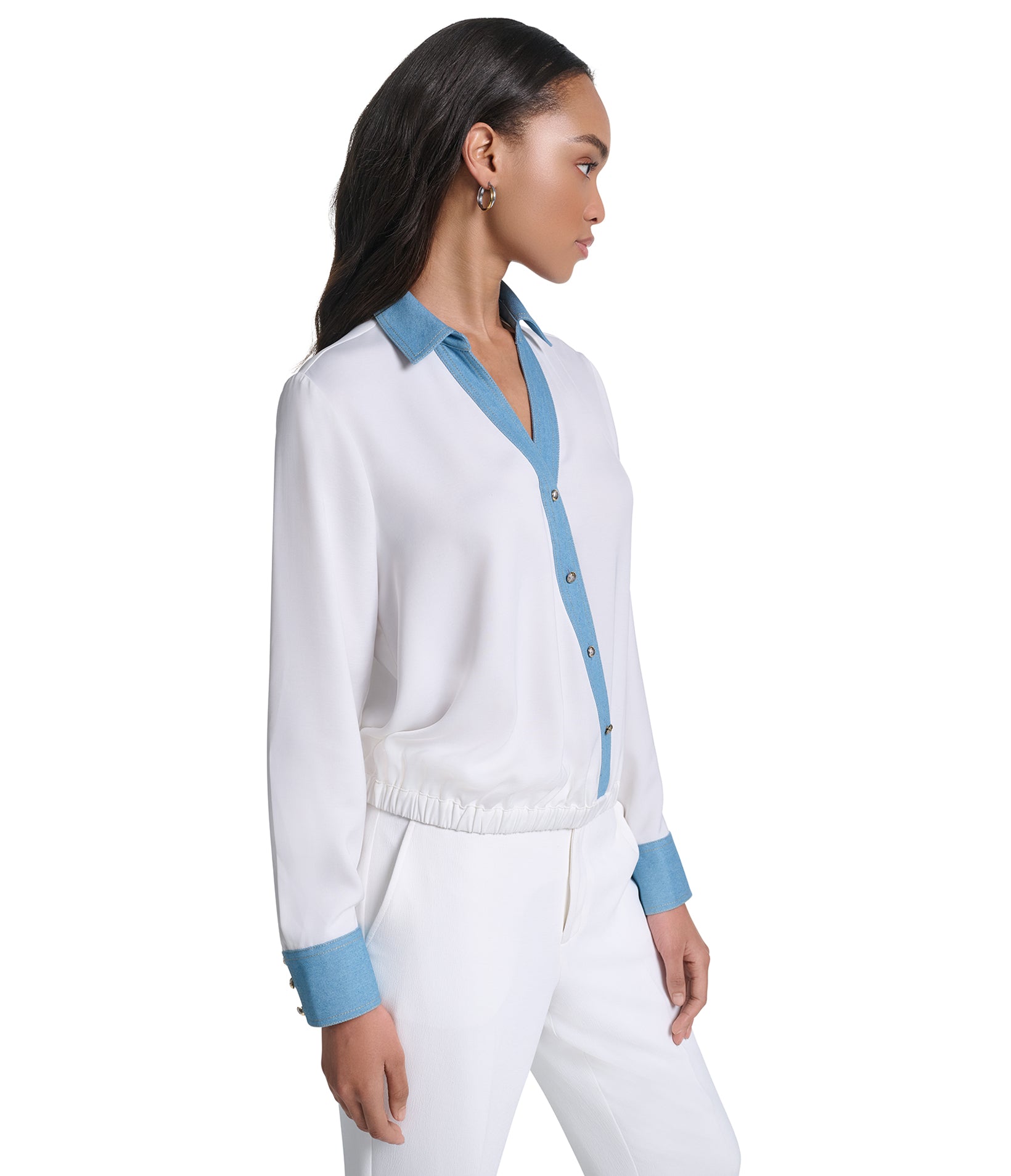 LONG SLEEVE DENIM TRIM SOFT BLOUSE VIEW 4 LONG SLEEVE DENIM TRIM SOFT BLOUSE VIEW 4