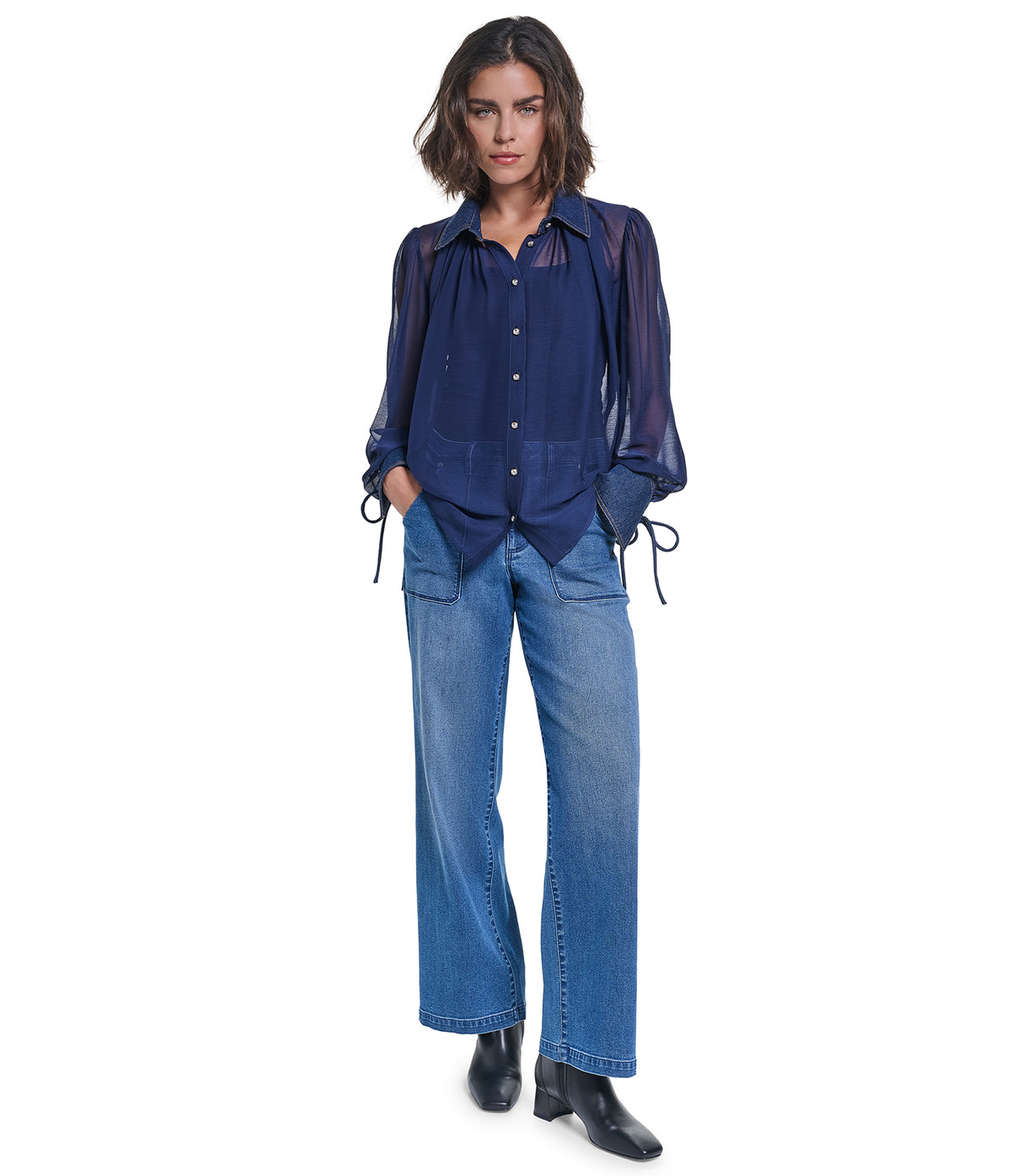 LONG SLEEVE SHEER DENIM COLLAR BLOUSE VIEW 6 LONG SLEEVE SHEER DENIM COLLAR BLOUSE VIEW 6