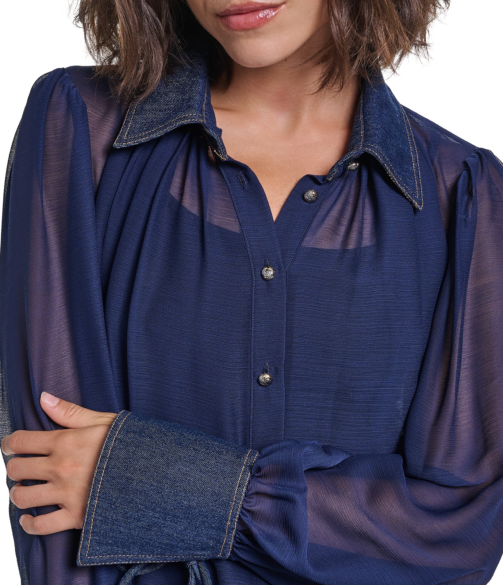 LONG SLEEVE SHEER DENIM COLLAR BLOUSE VIEW 8 LONG SLEEVE SHEER DENIM COLLAR BLOUSE VIEW 8