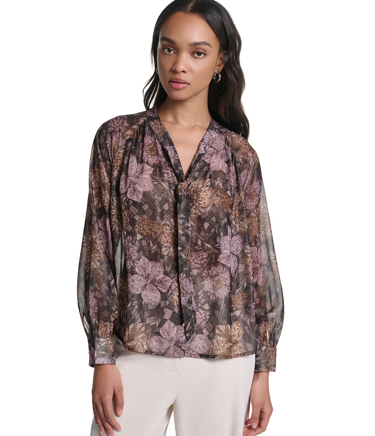 PRINTED TIE FRONT EMBELISHED BLOUSE VIEW 1 PRINTED TIE FRONT EMBELISHED BLOUSE VIEW 1