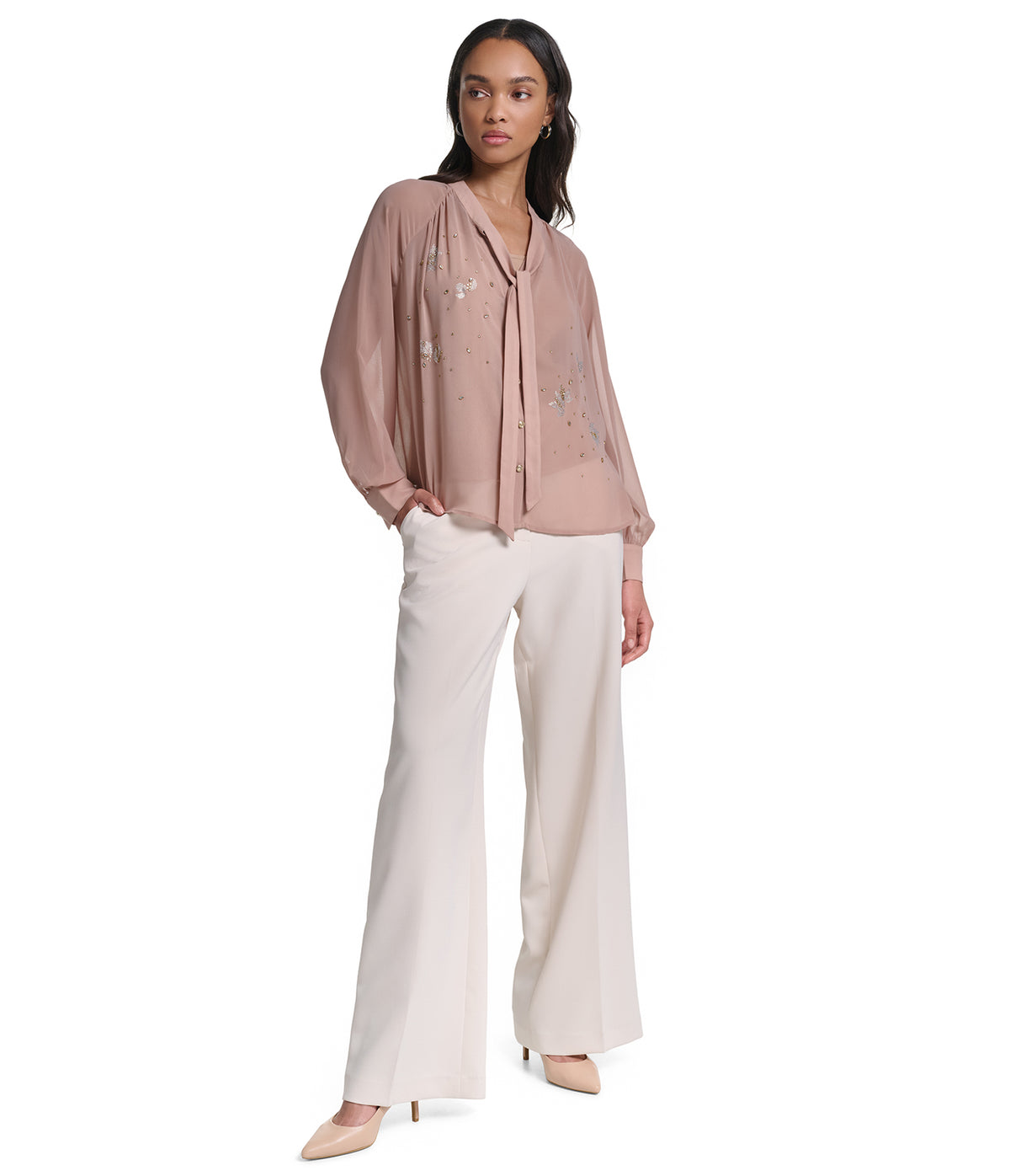 TIE FRONT EMBELLISHED SOFT BLOUSE VIEW 4 TIE FRONT EMBELLISHED SOFT BLOUSE VIEW 4