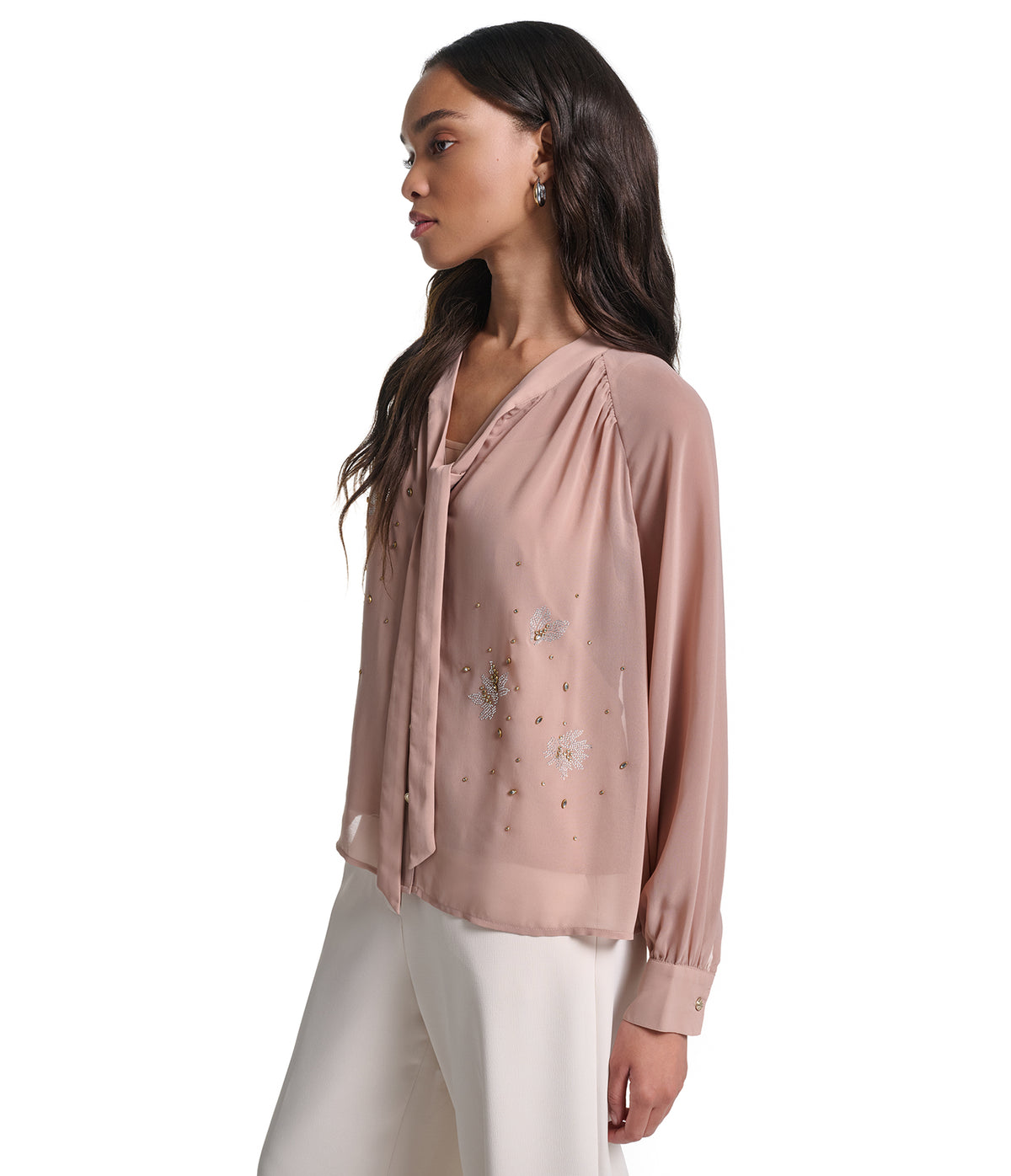 TIE FRONT EMBELLISHED SOFT BLOUSE VIEW 3 TIE FRONT EMBELLISHED SOFT BLOUSE VIEW 3