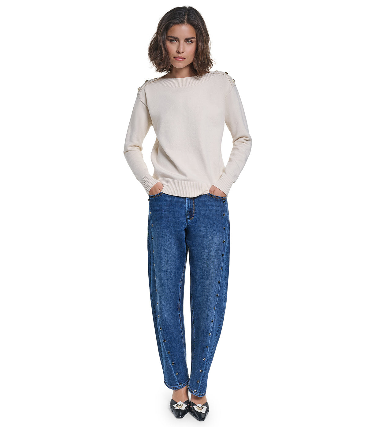 LONG SLEEVE BOAT NECK BUTTON DETAIL SWEATER VIEW 5 LONG SLEEVE BOAT NECK BUTTON DETAIL SWEATER VIEW 5