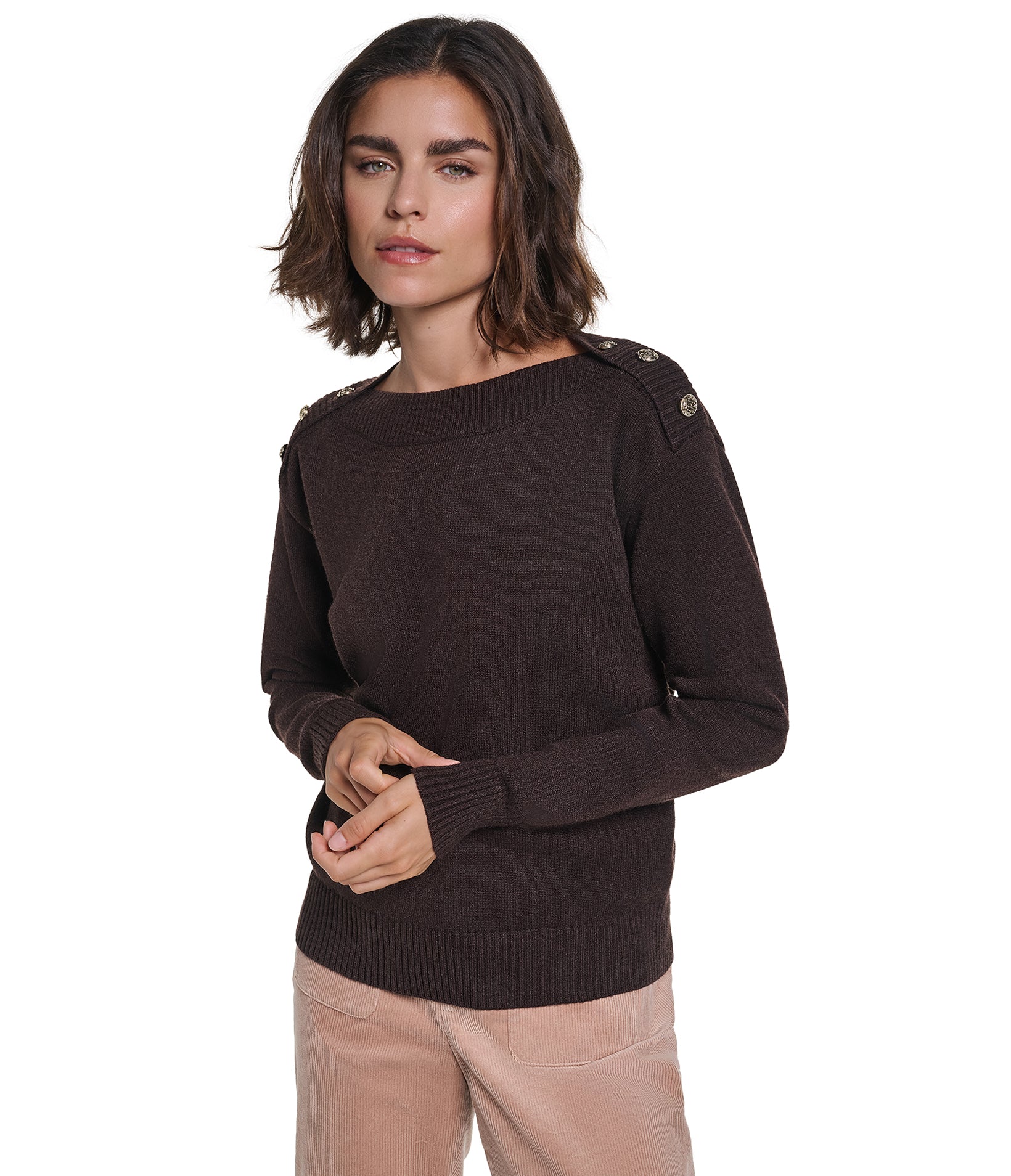 LONG SLEEVE BOAT NECK BUTTON DETAIL SWEATER VIEW 1 LONG SLEEVE BOAT NECK BUTTON DETAIL SWEATER VIEW 1