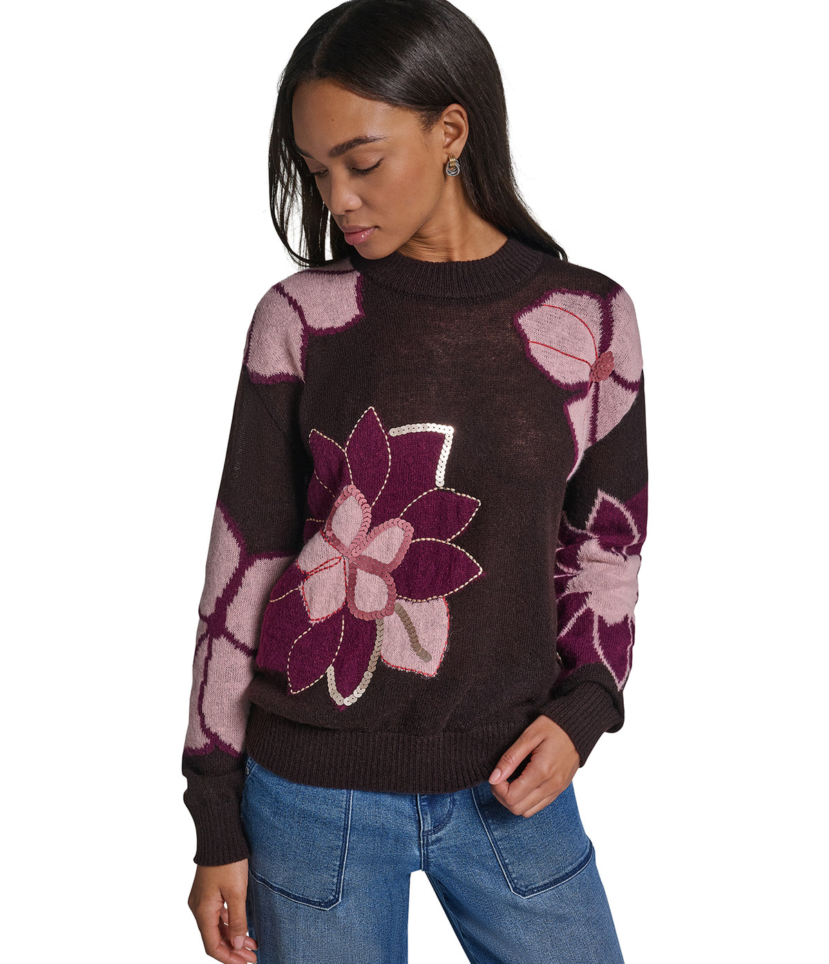 LONG SLEEVE CREW FLORAL PRINT SWEATER VIEW 2 LONG SLEEVE CREW FLORAL PRINT SWEATER VIEW 2