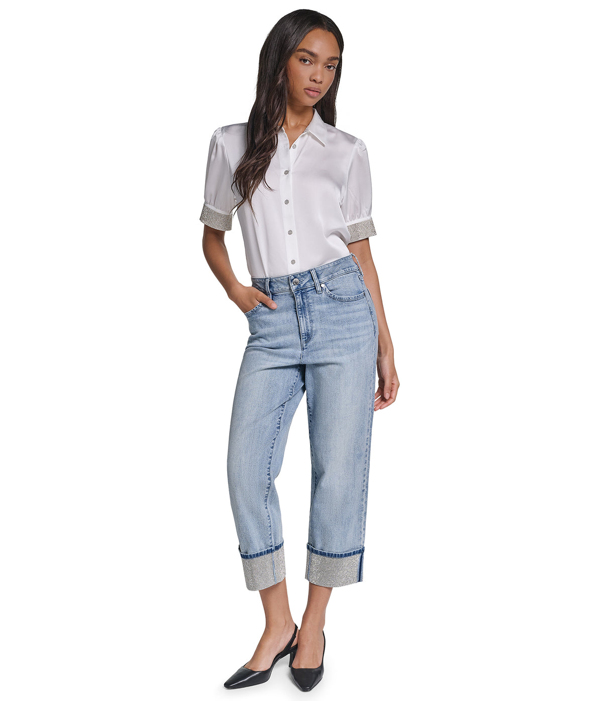 CROPPED MID-RISE CRYSTAL CUFF STRAIGHT-LEG JEAN VIEW 5 CROPPED MID-RISE CRYSTAL CUFF STRAIGHT-LEG JEAN VIEW 5