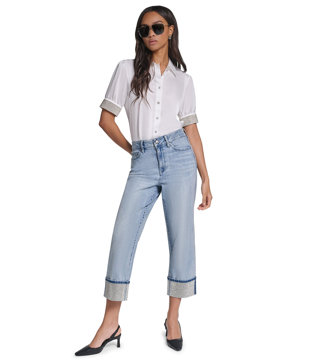 CROPPED MID-RISE CRYSTAL CUFF STRAIGHT-LEG JEAN VIEW 1 CROPPED MID-RISE CRYSTAL CUFF STRAIGHT-LEG JEAN VIEW 1
