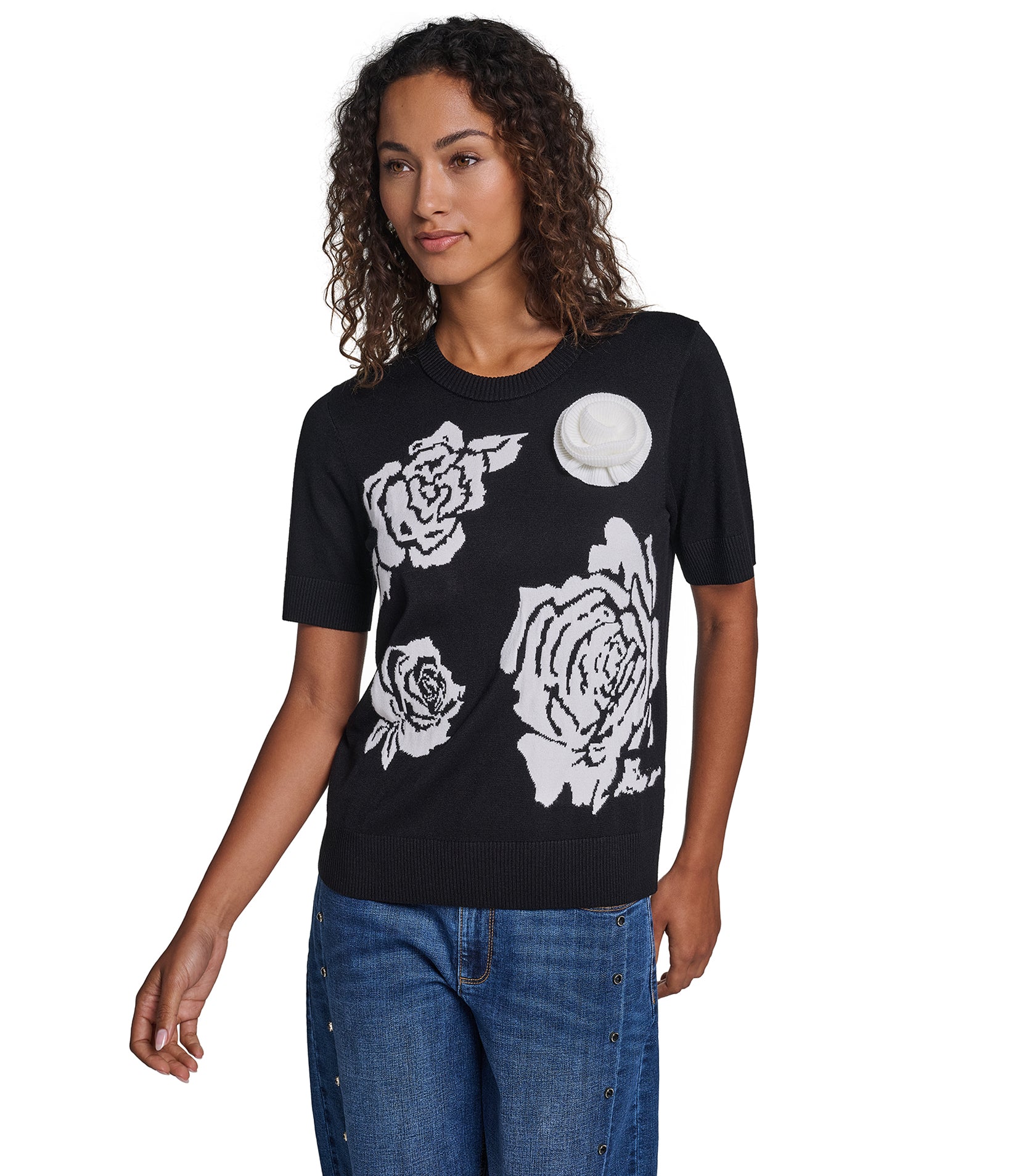 SHORT SLEEVE 3D ROSE BUD SWEATER VIEW 1 SHORT SLEEVE 3D ROSE BUD SWEATER VIEW 1