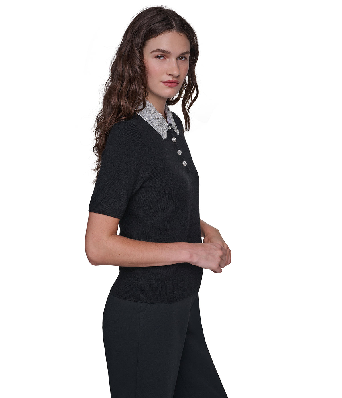 SHORT SLEEVE EMBELLESHED COLLARED TOP VIEW 3 SHORT SLEEVE EMBELLESHED COLLARED TOP VIEW 3