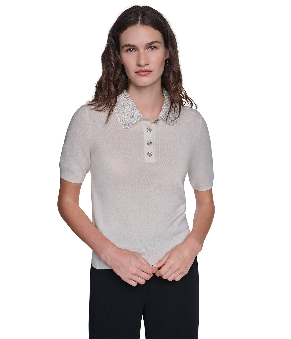 SHORT SLEEVE EMBELLESHED COLLARED TOP VIEW 6 SHORT SLEEVE EMBELLESHED COLLARED TOP VIEW 6