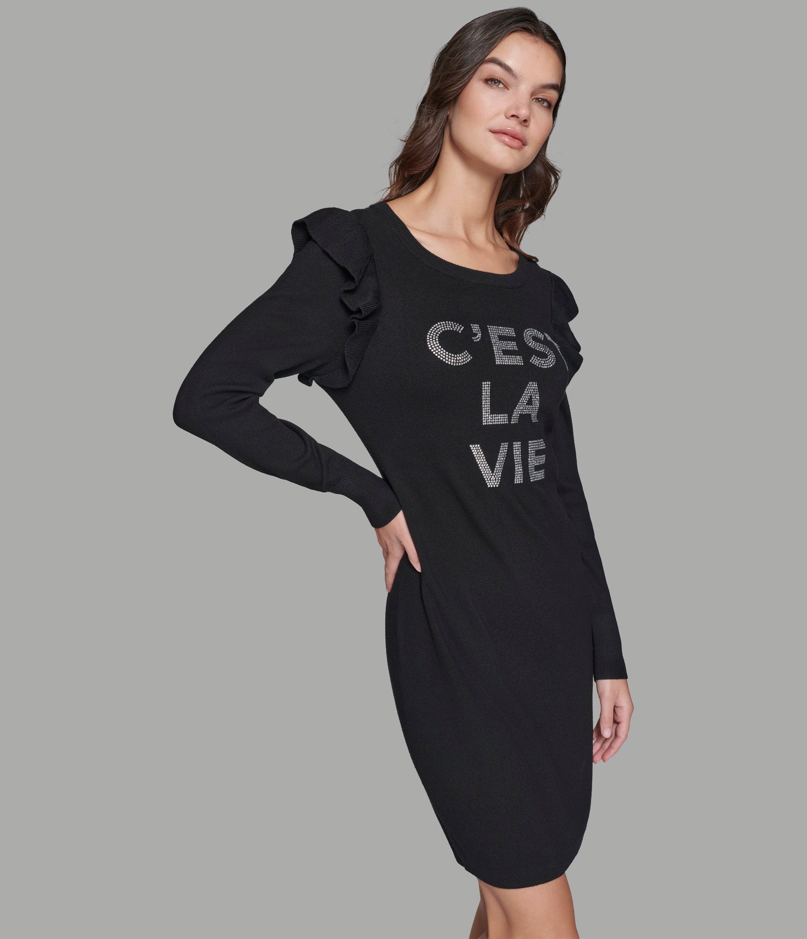 C'EST LA VIE RUFFLE SLEEVE SWEATER DRESS VIEW 1 C'EST LA VIE RUFFLE SLEEVE SWEATER DRESS VIEW 1