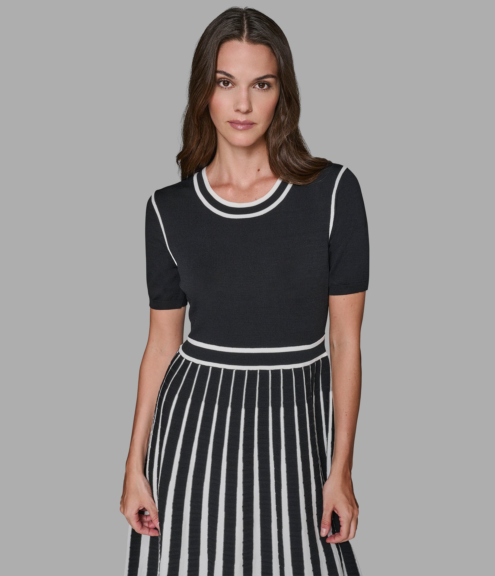 SHORT SLEEVE A-LINE SWEATER DRESS WITH CONTRAST TRIM VIEW 4 SHORT SLEEVE A-LINE SWEATER DRESS WITH CONTRAST TRIM VIEW 4