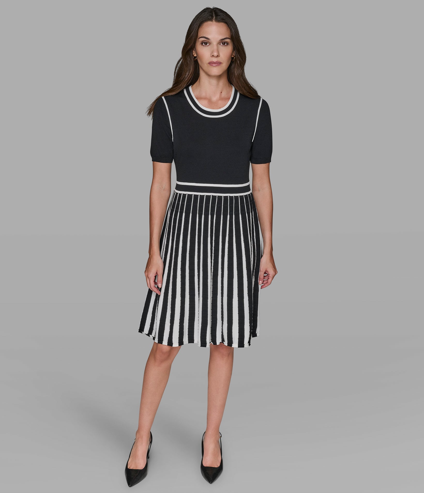 SHORT SLEEVE A-LINE SWEATER DRESS WITH CONTRAST TRIM View 1 | Women's Clothing SHORT SLEEVE A-LINE SWEATER DRESS WITH CONTRAST TRIM View 1 | Women's Clothing