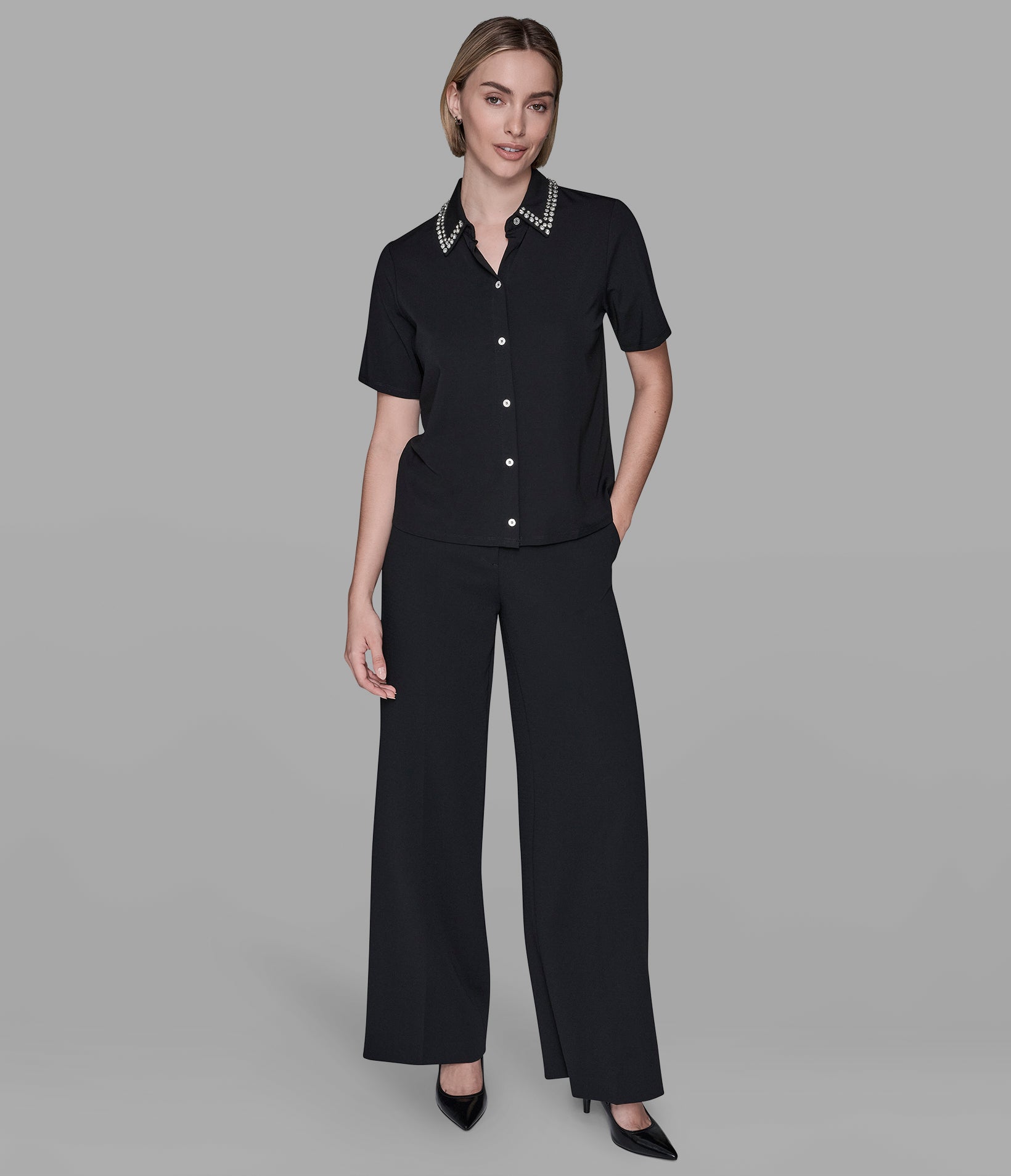 SHORT SLEEVE KNIT TOP WITH EMBELLISHED COLLAR VIEW 3 | Women's Clothing SHORT SLEEVE KNIT TOP WITH EMBELLISHED COLLAR VIEW 3 | Women's Clothing