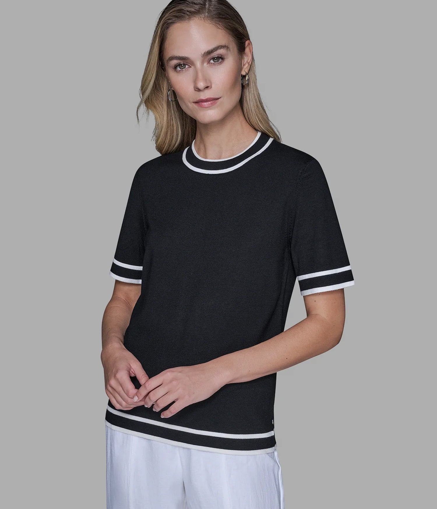 SHORT SLEEVE CONTRAST TRIM SWEATER View 1 | Women's Tops & Sweaters SHORT SLEEVE CONTRAST TRIM SWEATER View 1 | Women's Tops & Sweaters