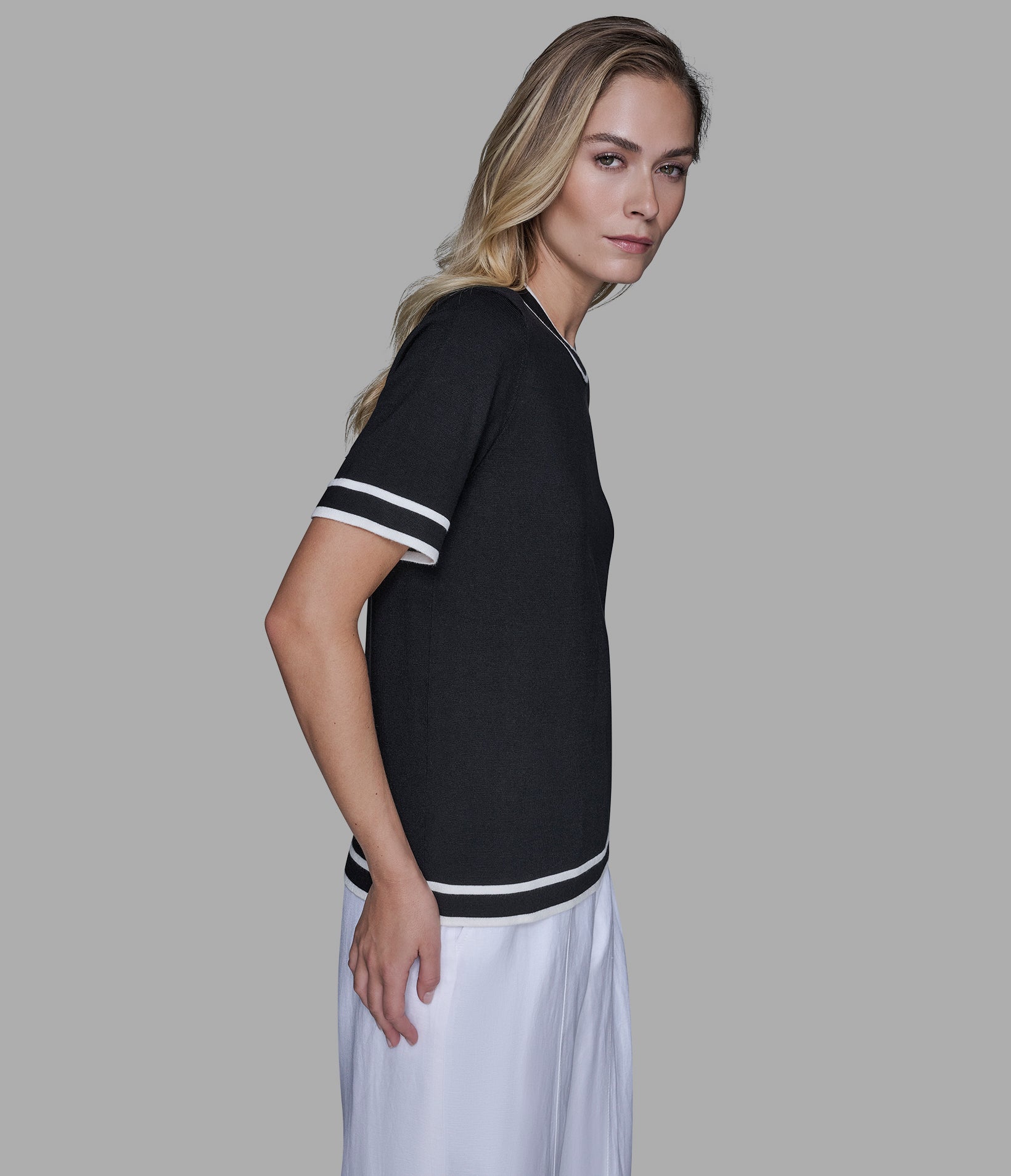 SHORT SLEEVE CONTRAST TRIM SWEATER VIEW 3 | Women's Tops & Sweaters SHORT SLEEVE CONTRAST TRIM SWEATER VIEW 3 | Women's Tops & Sweaters