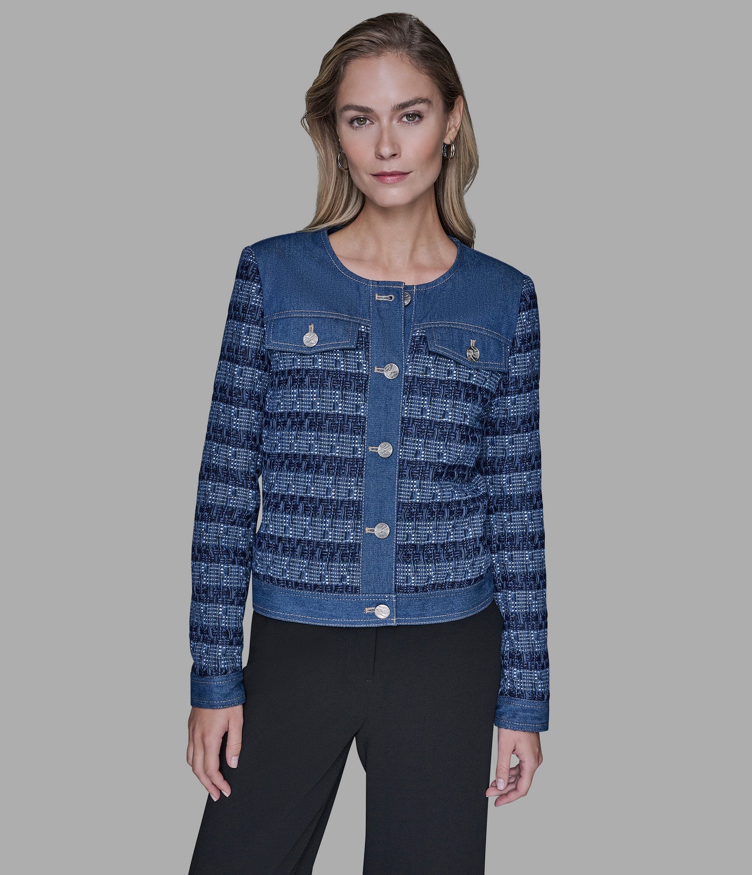 MIXED MEDIA TWEED DENIM JACKET View 1 | Women's Clothing MIXED MEDIA TWEED DENIM JACKET View 1 | Women's Clothing