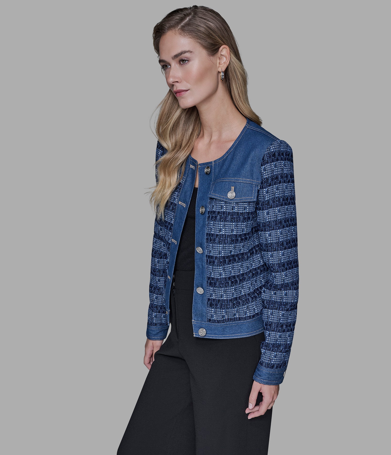 MIXED MEDIA TWEED DENIM JACKET VIEW 3 | Women's Clothing MIXED MEDIA TWEED DENIM JACKET VIEW 3 | Women's Clothing