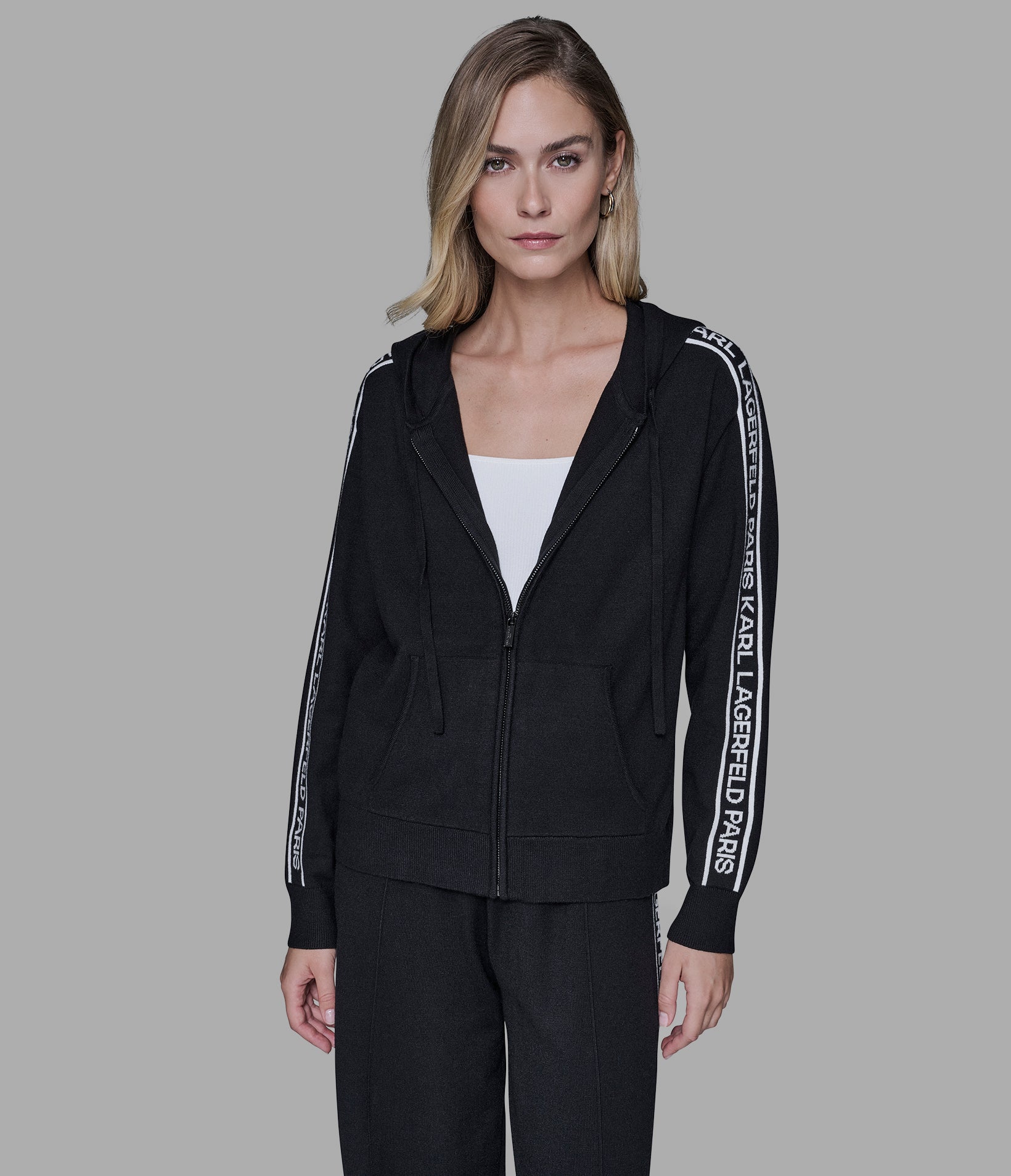 Logo Full Zip Sweater With Hoodie | Athleisure | Karl Lagerfeld Paris