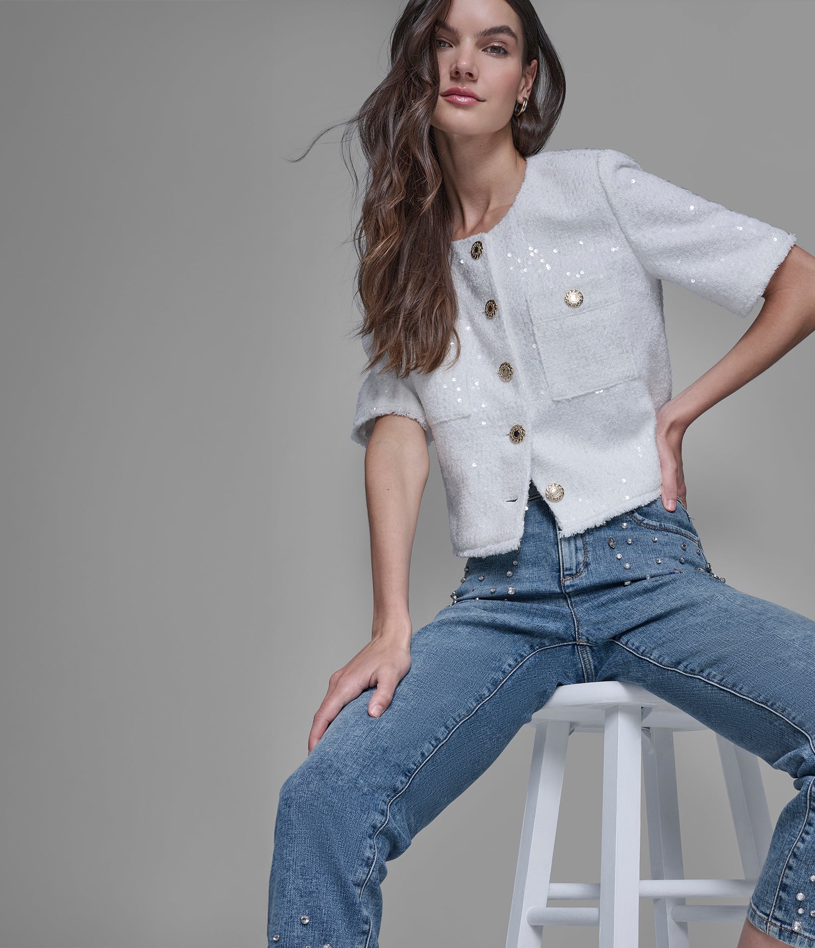 SHORT SLEEVE SHIMMER TWEED JACKET VIEW 8 | Valentine's Day Shop SHORT SLEEVE SHIMMER TWEED JACKET VIEW 8 | Valentine's Day Shop