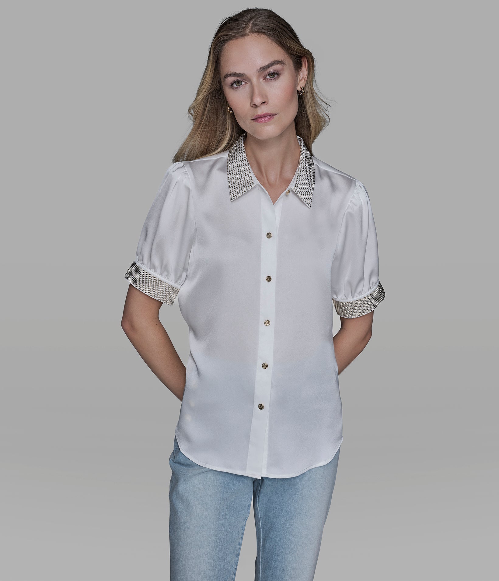 BEADED TRIM BUTTON FRONT BLOUSE View 1 | Products BEADED TRIM BUTTON FRONT BLOUSE View 1 | Products