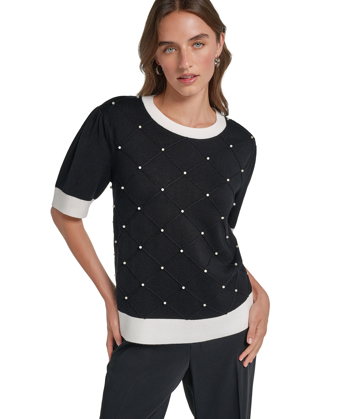 SHORT SLEEVE SWEATER WITH EMBOSSED PEARLS View 1 | Holiday 2026 Collection SHORT SLEEVE SWEATER WITH EMBOSSED PEARLS View 1 | Holiday 2026 Collection