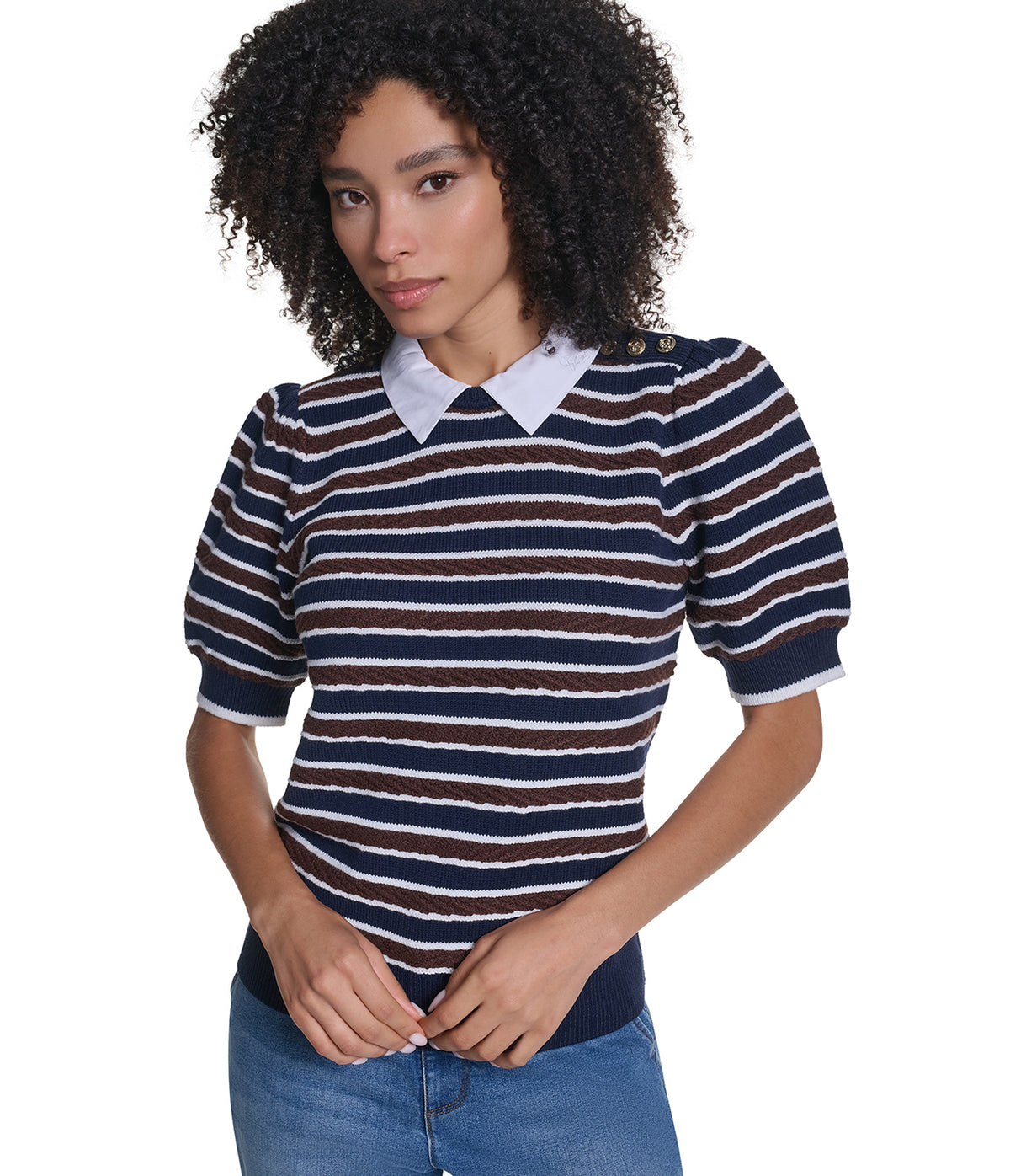 SHORT SLEEVE STRIPED SWEATER VIEW 1 SHORT SLEEVE STRIPED SWEATER VIEW 1