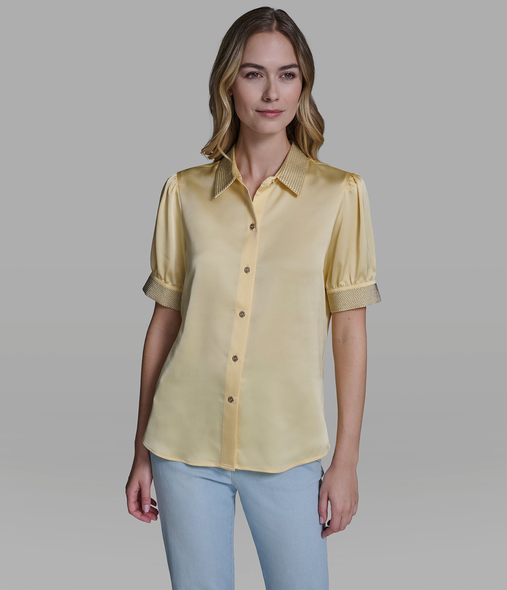 BEADED TRIM BUTTON FRONT BLOUSE View 1 | Products BEADED TRIM BUTTON FRONT BLOUSE View 1 | Products