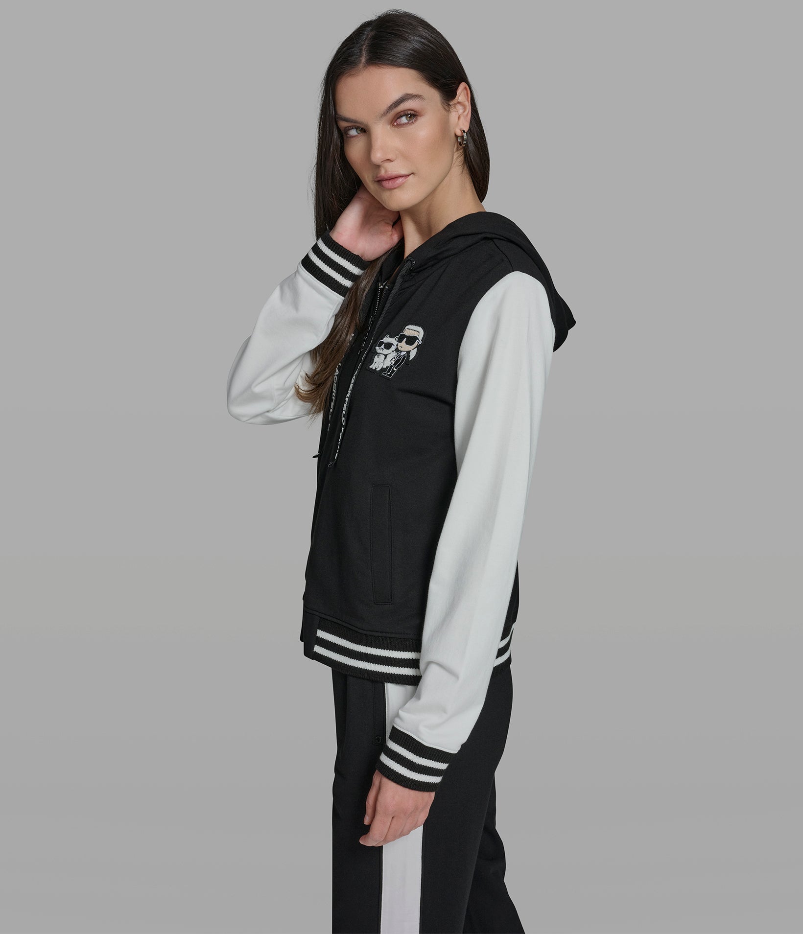 Cotton And Modal Blend Color Block Patch Varsity Hooded Jacket