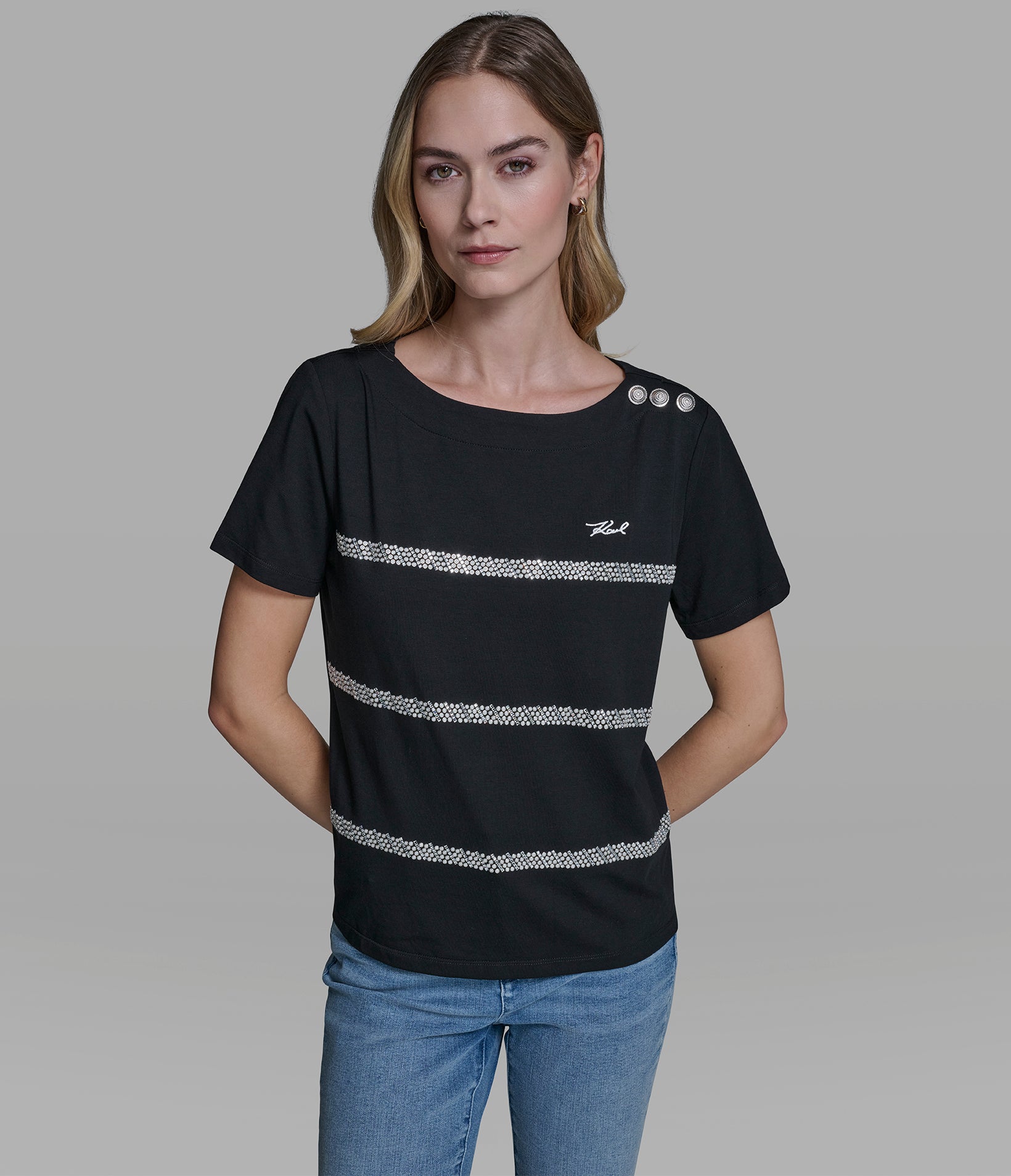 KARL SCRIPT TEE WITH PEARL TRIM View 1 | Women's Clothing KARL SCRIPT TEE WITH PEARL TRIM View 1 | Women's Clothing