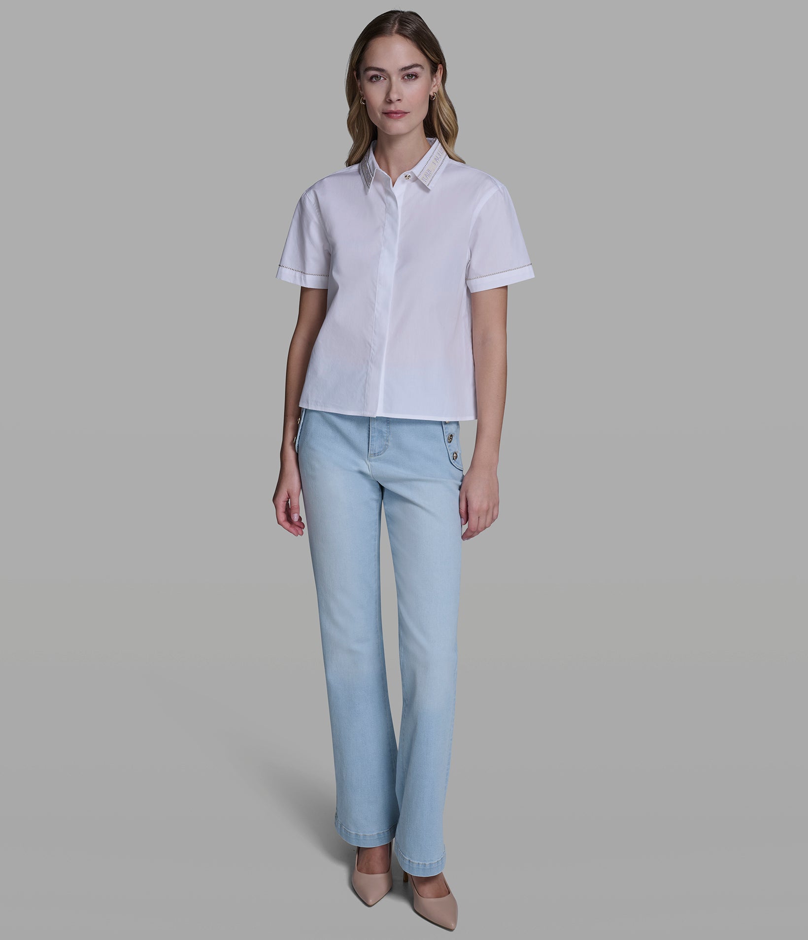 SHORT SLEEVE POPLIN SHIRT WITH EMBELLISHED TRIM VIEW 5 | Women's Tops & Sweaters SHORT SLEEVE POPLIN SHIRT WITH EMBELLISHED TRIM VIEW 5 | Women's Tops & Sweaters