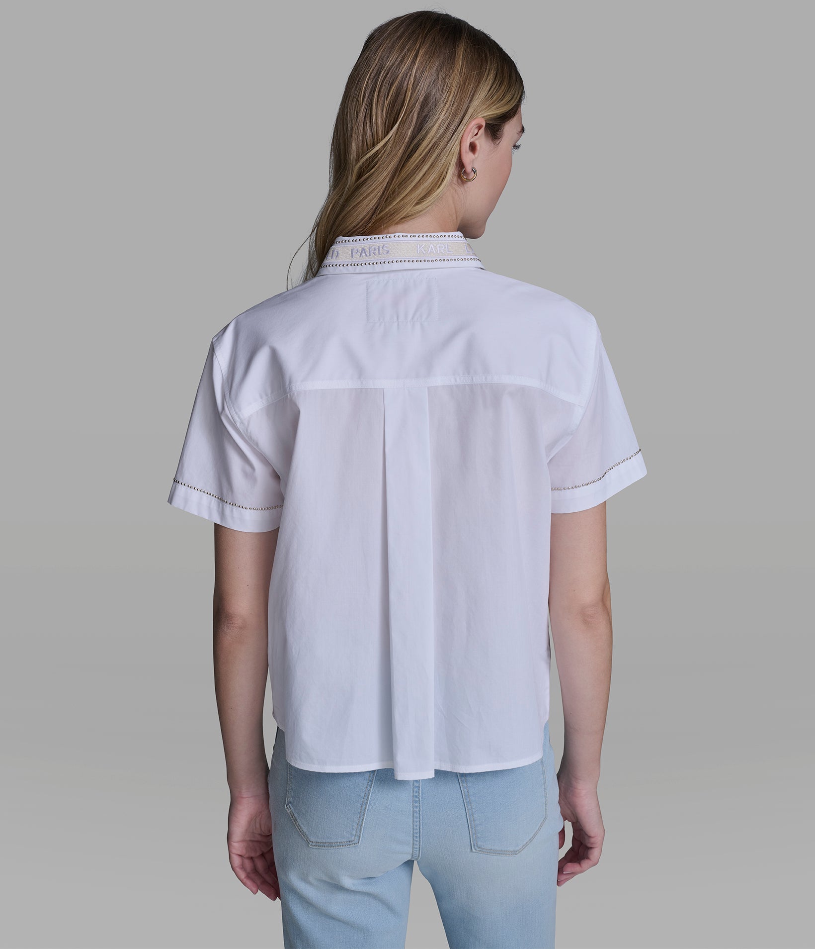 SHORT SLEEVE POPLIN SHIRT WITH EMBELLISHED TRIM VIEW 3 | Women's Tops & Sweaters SHORT SLEEVE POPLIN SHIRT WITH EMBELLISHED TRIM VIEW 3 | Women's Tops & Sweaters