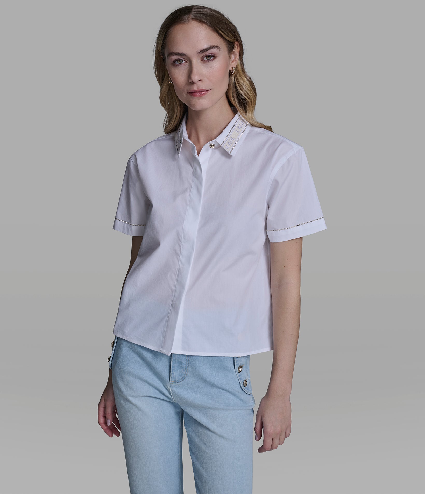 SHORT SLEEVE POPLIN SHIRT WITH EMBELLISHED TRIM VIEW 5 SHORT SLEEVE POPLIN SHIRT WITH EMBELLISHED TRIM VIEW 5