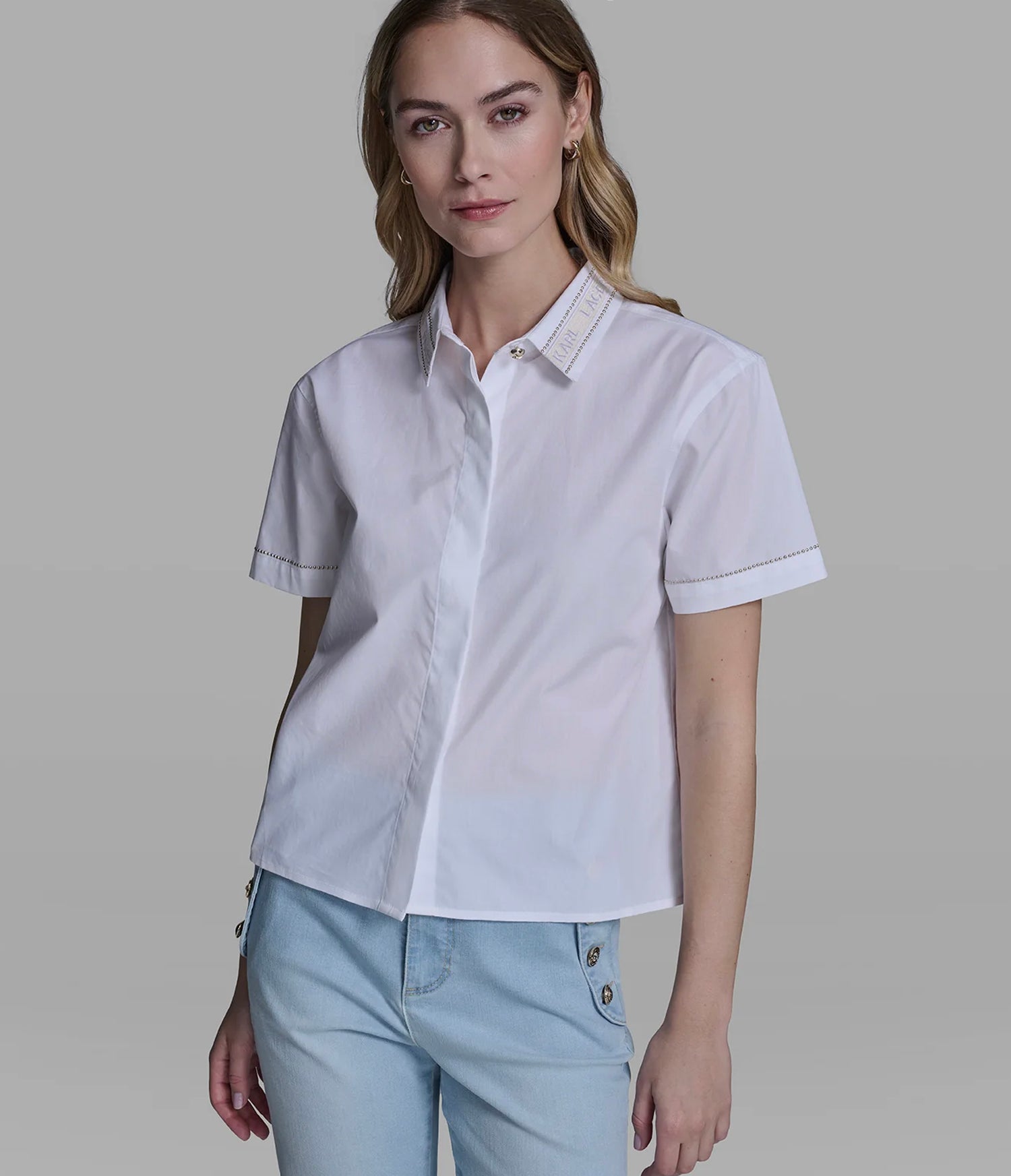 SHORT SLEEVE POPLIN SHIRT WITH EMBELLISHED TRIM View 1 | Women's Tops & Sweaters SHORT SLEEVE POPLIN SHIRT WITH EMBELLISHED TRIM View 1 | Women's Tops & Sweaters