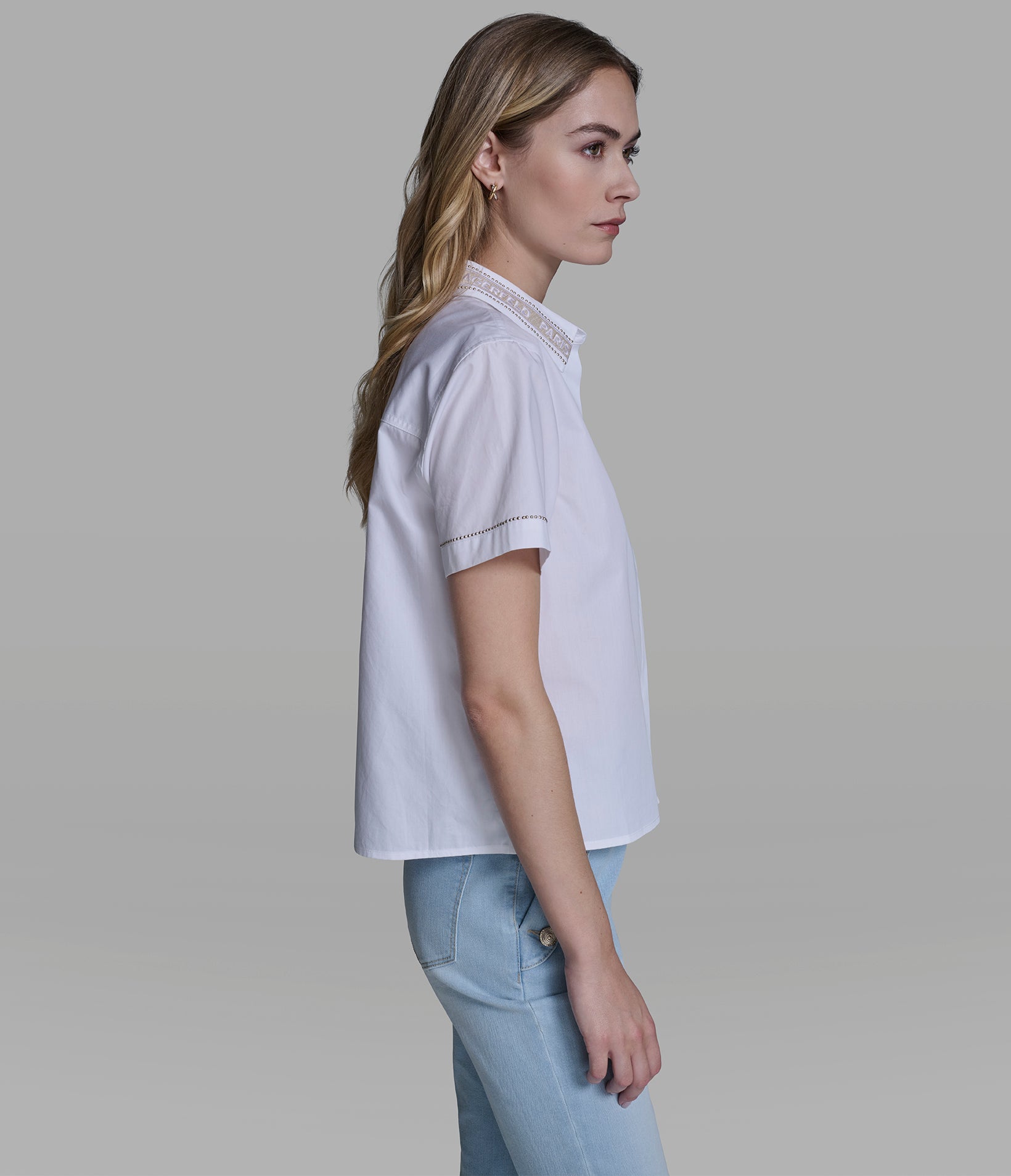 SHORT SLEEVE POPLIN SHIRT WITH EMBELLISHED TRIM VIEW 3 | New Arrivals SHORT SLEEVE POPLIN SHIRT WITH EMBELLISHED TRIM VIEW 3 | New Arrivals
