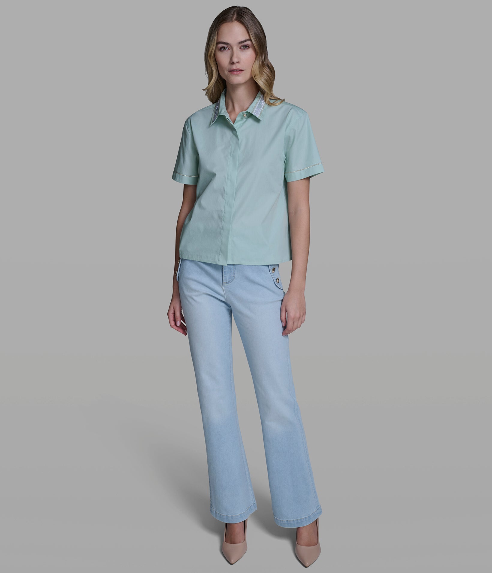 SHORT SLEEVE POPLIN SHIRT WITH EMBELLISHED TRIM View 1 | New Arrivals SHORT SLEEVE POPLIN SHIRT WITH EMBELLISHED TRIM View 1 | New Arrivals