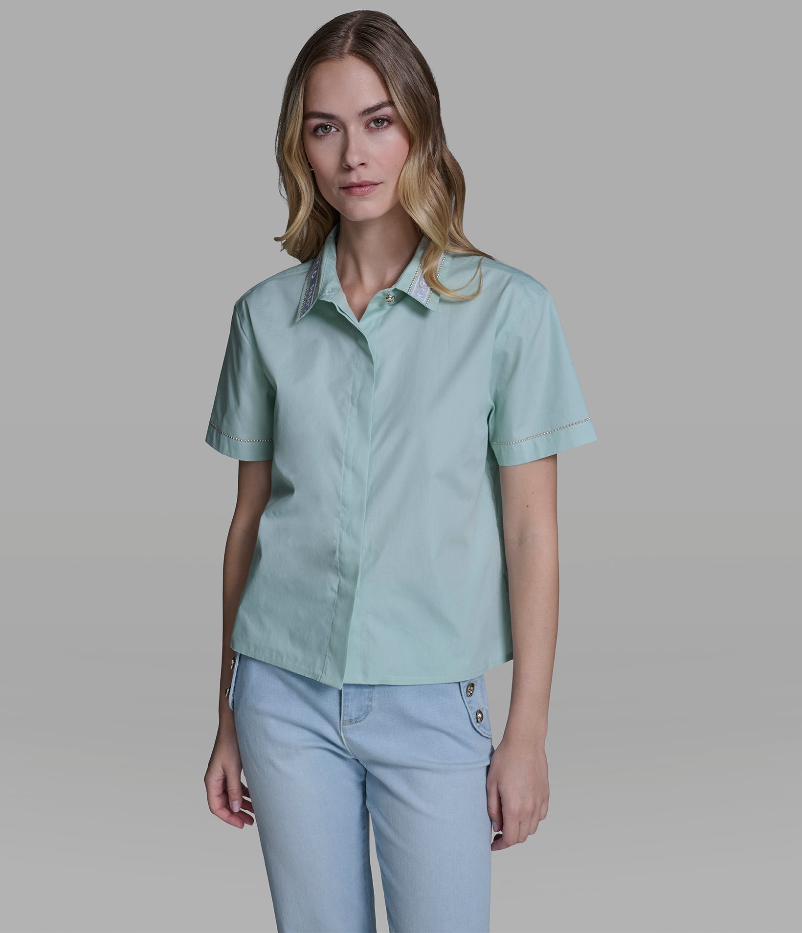 SHORT SLEEVE POPLIN SHIRT WITH EMBELLISHED TRIM VIEW 4 | New Arrivals SHORT SLEEVE POPLIN SHIRT WITH EMBELLISHED TRIM VIEW 4 | New Arrivals