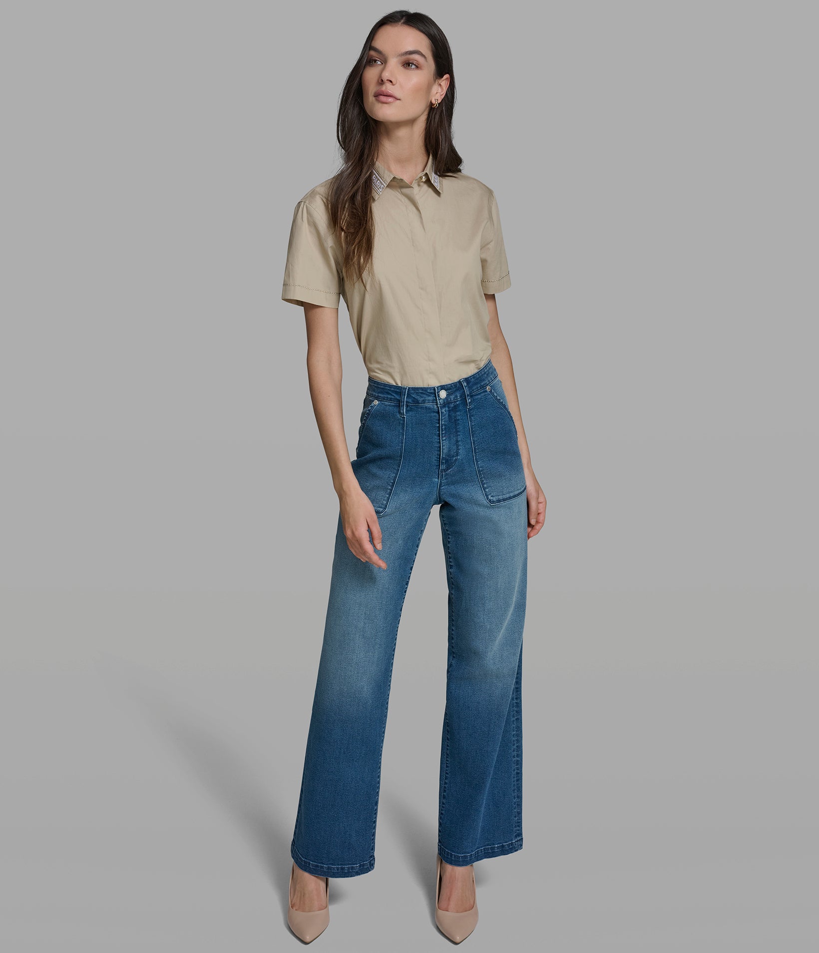 Mid Rise Cotton Blend Crystal Logo Large Pocket Wide Leg Jean