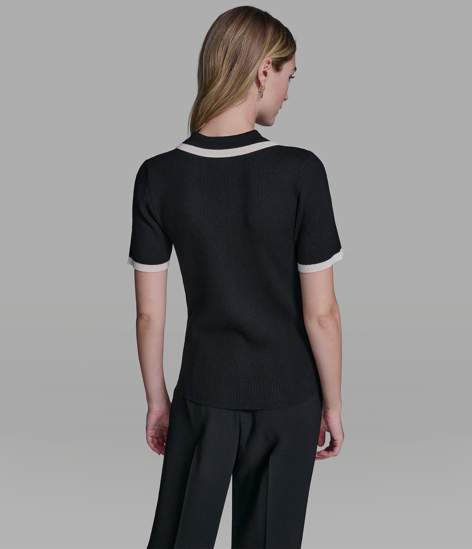 SHORT SLEEVE LOGO TRIM POLO SWEATER View 2 | Women's Clothing SHORT SLEEVE LOGO TRIM POLO SWEATER View 2 | Women's Clothing