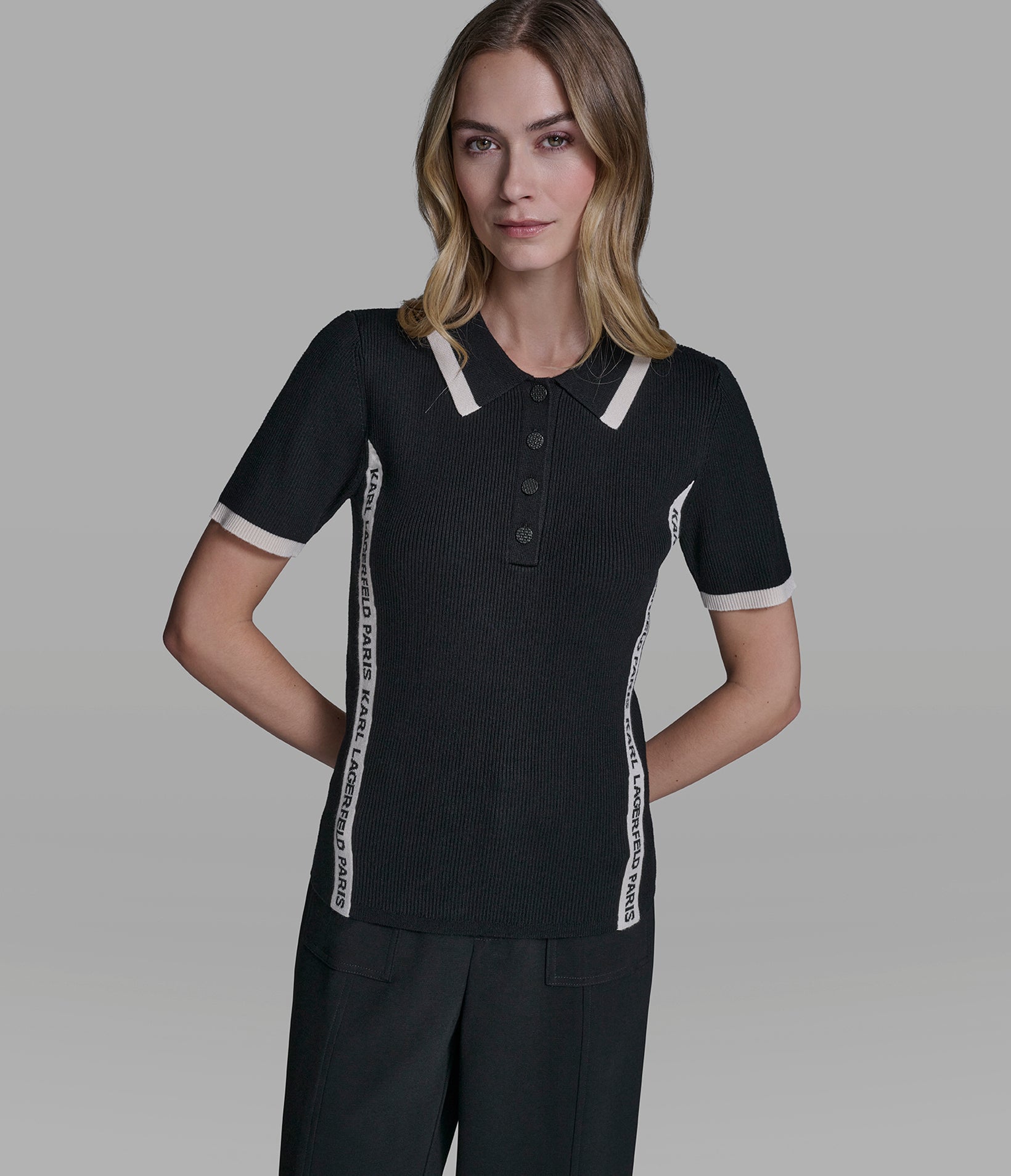 SHORT SLEEVE LOGO TRIM POLO SWEATER View 1 | Women's Clothing SHORT SLEEVE LOGO TRIM POLO SWEATER View 1 | Women's Clothing
