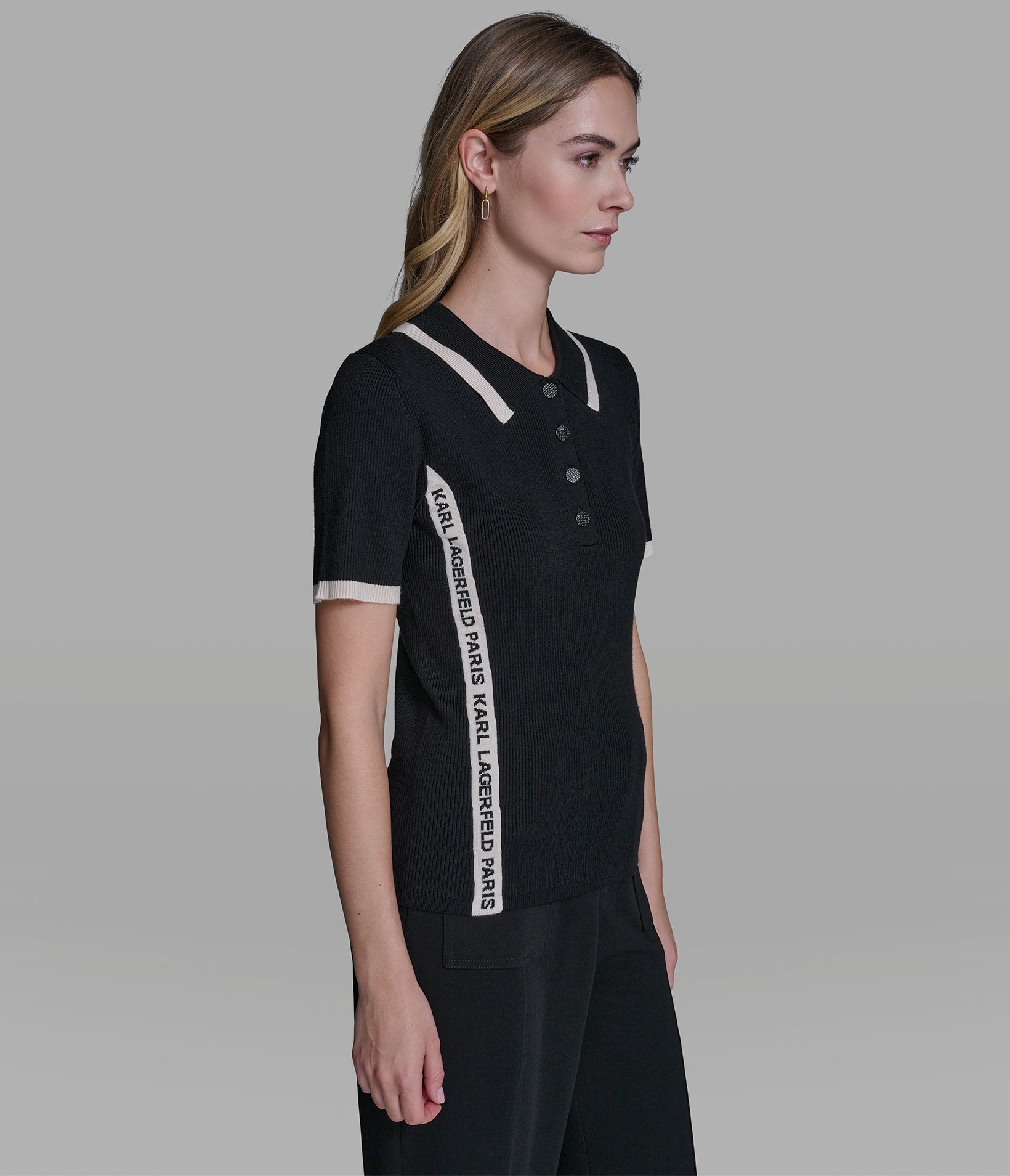 SHORT SLEEVE LOGO TRIM POLO SWEATER VIEW 3 | Women's Tops & Sweaters SHORT SLEEVE LOGO TRIM POLO SWEATER VIEW 3 | Women's Tops & Sweaters