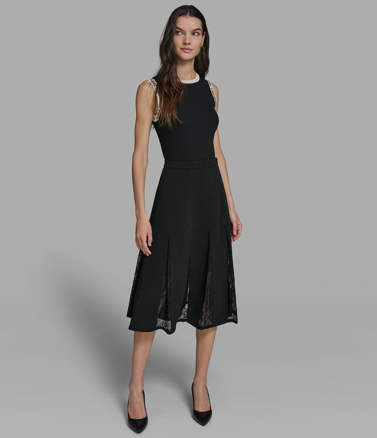 Lace Paneled Pleated Midi Skirt | Skirts | Karl Lagerfeld Paris