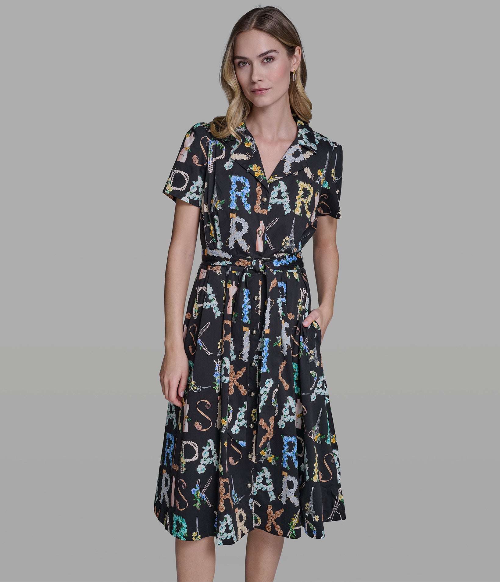 Stretch Cotton Logo Print Pleated Midi Shirt Dress | Dresses