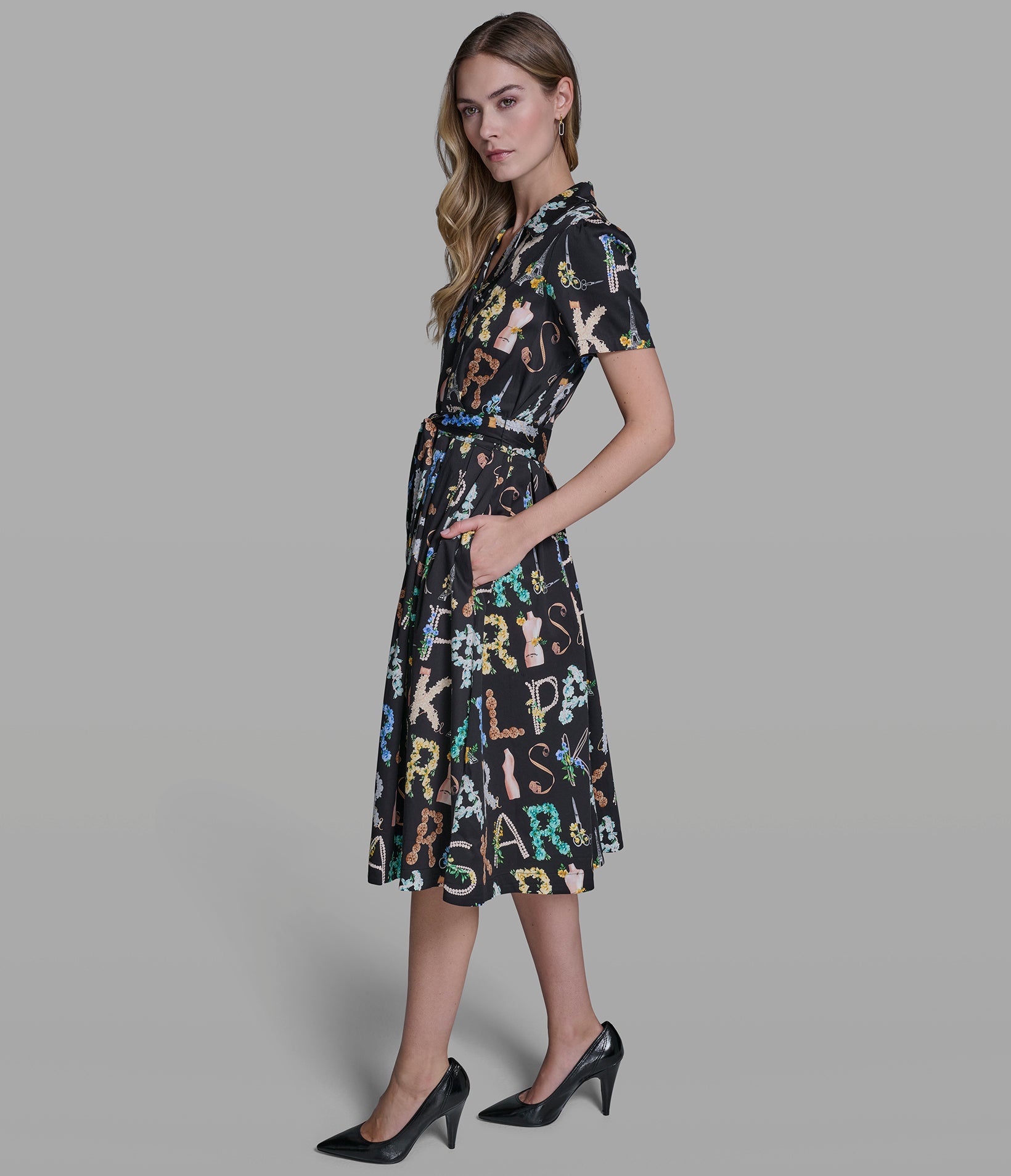 Stretch Cotton Logo Print Pleated Midi Shirt Dress | Dresses