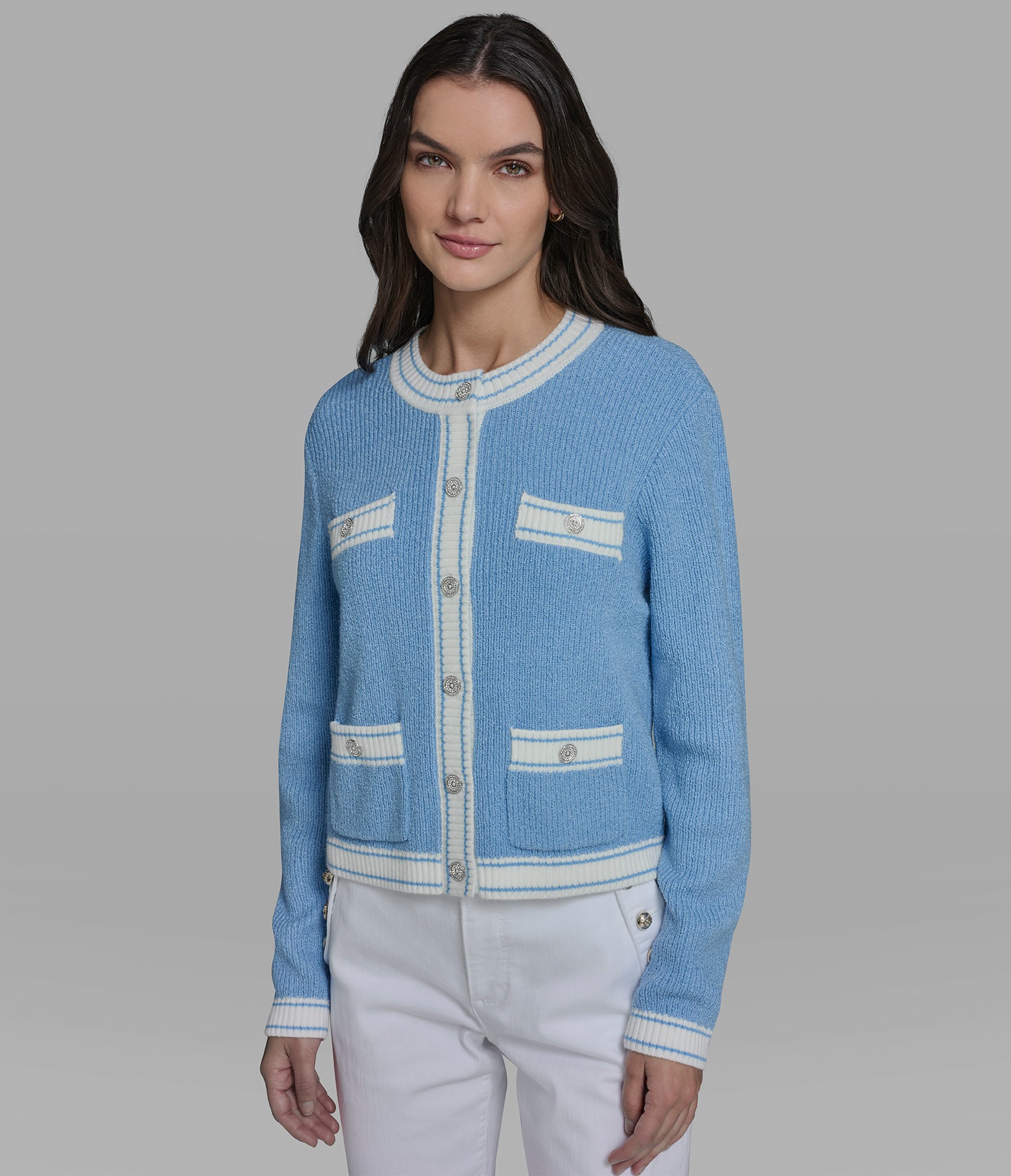 TEXTURED CONTRAST TRIM CARDIGAN View 1 | New Arrivals TEXTURED CONTRAST TRIM CARDIGAN View 1 | New Arrivals