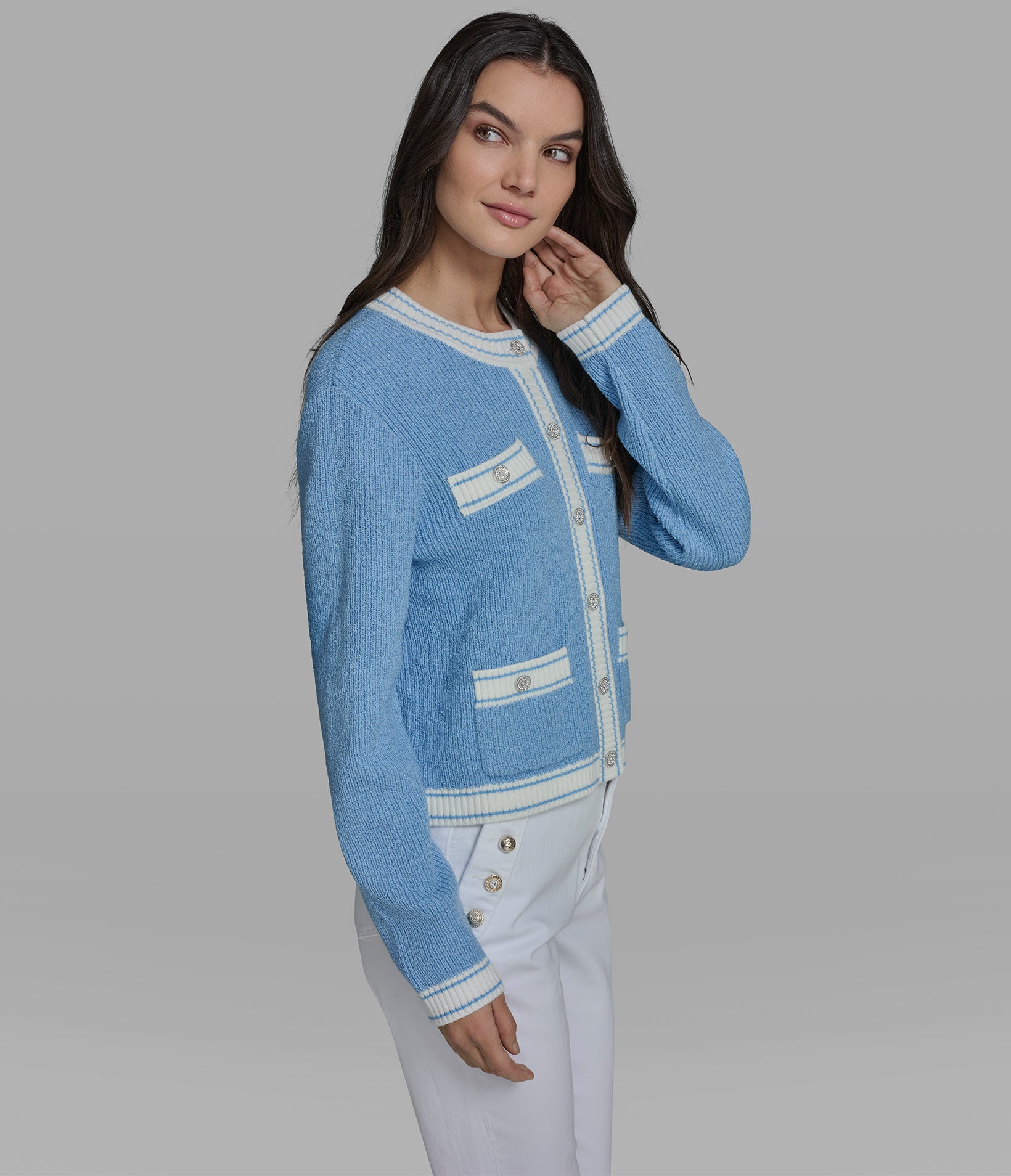 TEXTURED CONTRAST TRIM CARDIGAN VIEW 3 | New Arrivals TEXTURED CONTRAST TRIM CARDIGAN VIEW 3 | New Arrivals